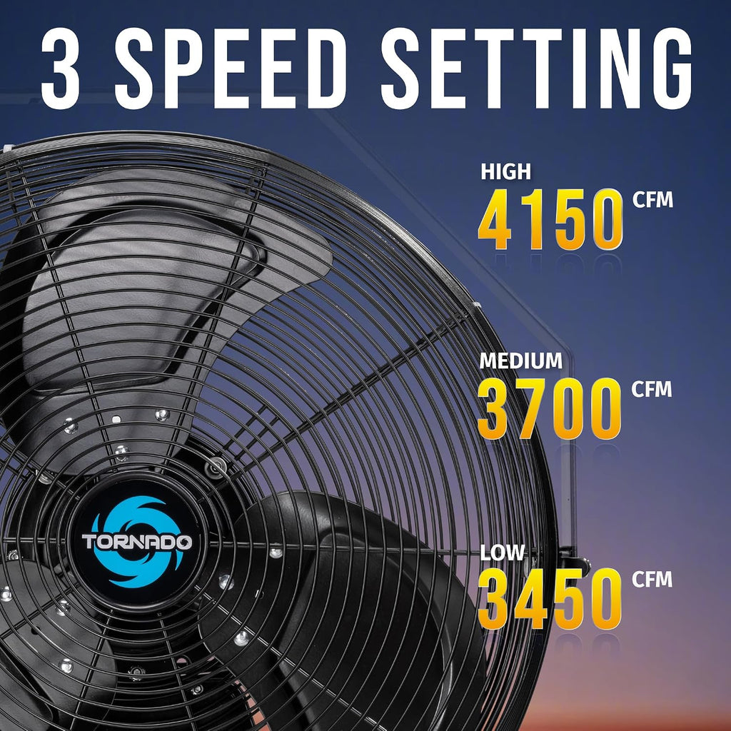 Tornado 18' Outdoor IPX4 Rated Water-Resistant Metal Industrial Wall Mount Fan, 3 Speed High Velocity Wall Fan For Commercial, Industrial, Residential Use, 4150 CFM 6.6 FT Cord 180°Tilting, Black