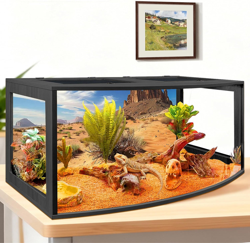 PROLEE Bearded Dragon Tank, Curved Reptile Enclosure with 3-Side Clear Acrylic Panels, Spacious Lizard Tank with Metal Mesh Top and Lockable Door for Reptile Habitat (Black, 32' Length,34 Gallons)