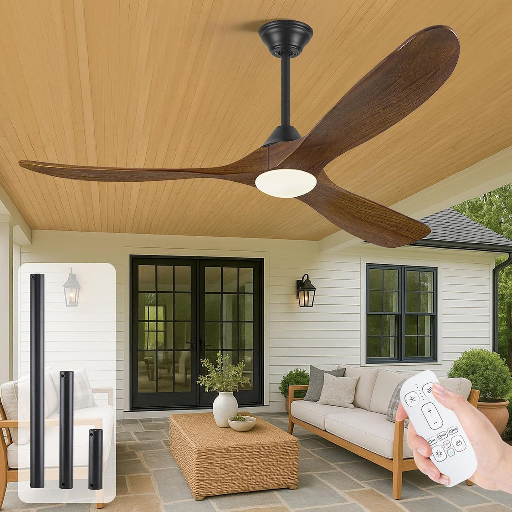 60 Inch Wood Farmhouse Ceiling Fan with Lights and Remote, 3 Propeller Solid Walnut Blades, Rustic Outdoor Ceiling Fans for Patio Damp Rated, Large Airflow Quiet Reversible DC Motor, for Indoor Room