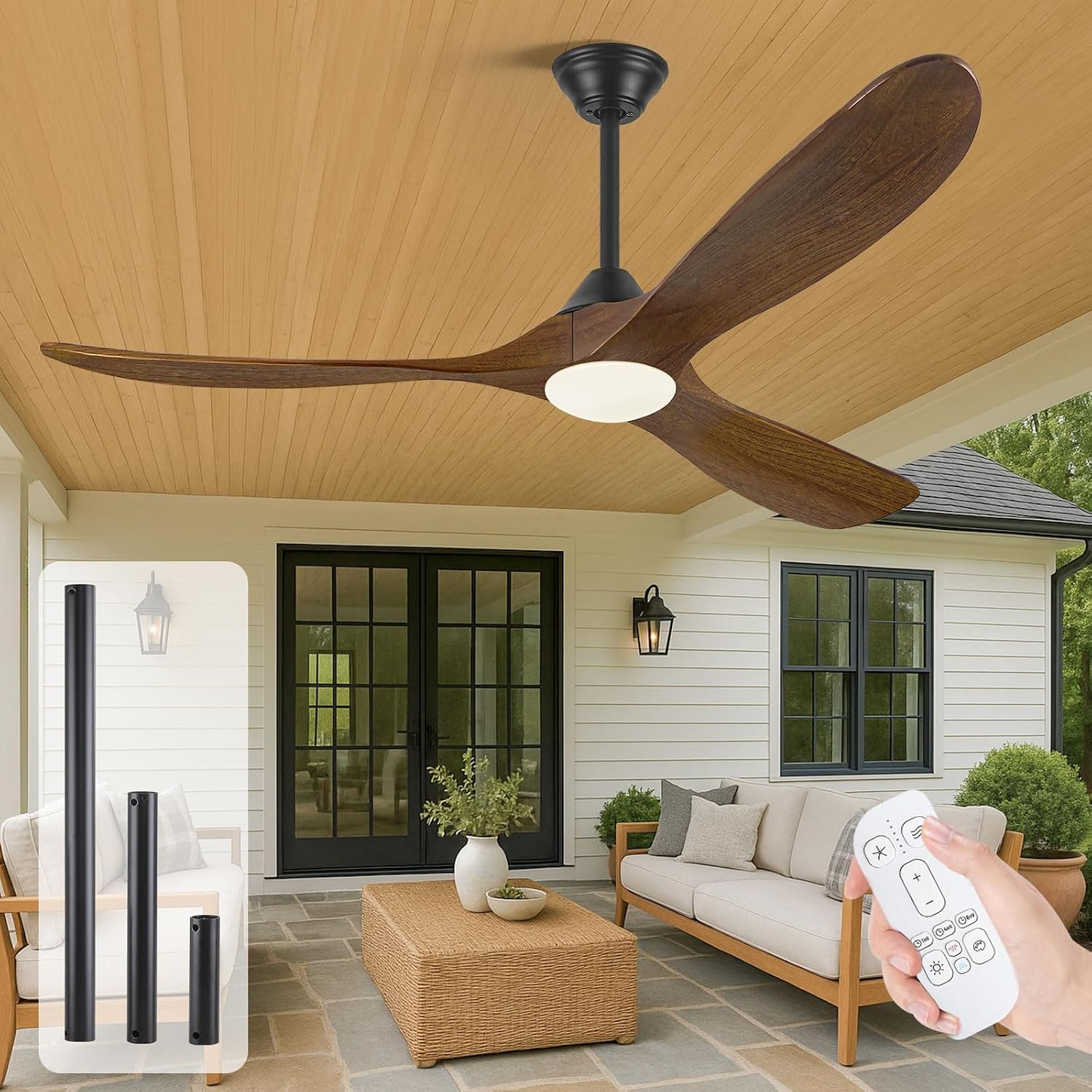60 Inch Wood Farmhouse Ceiling Fan with Lights and Remote, 3 Propeller Solid Walnut Blades, Rustic Outdoor Ceiling Fans for Patio Damp Rated, Large Airflow Quiet Reversible DC Motor, for Indoor Room