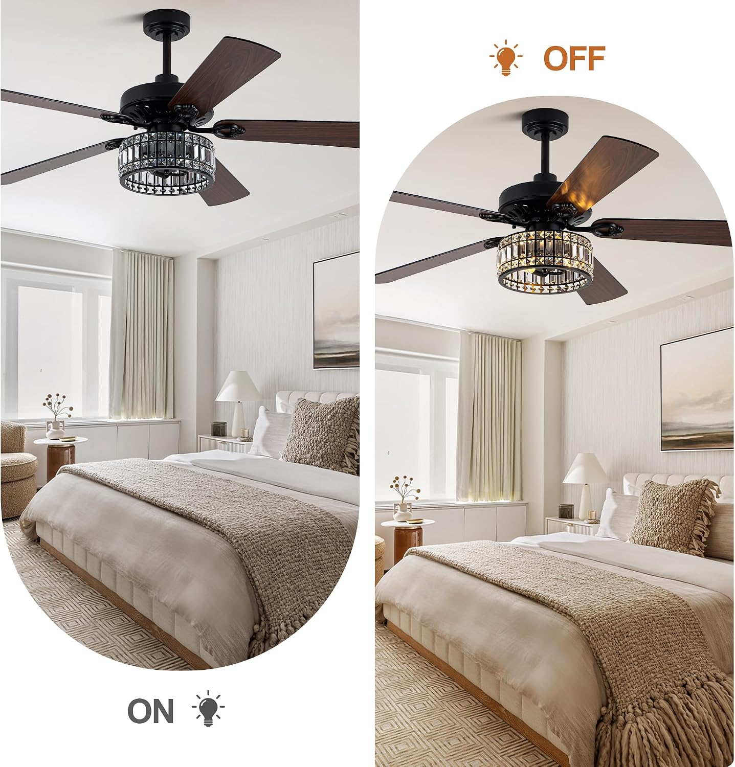Bella Depot 60' Vintage Black Ceiling Fan with Light, Large Crystal Chandelier Fan Fandelier Fan with 6-Speeds, Quiet Reversible DC Motor, for Bedroom, Living Room