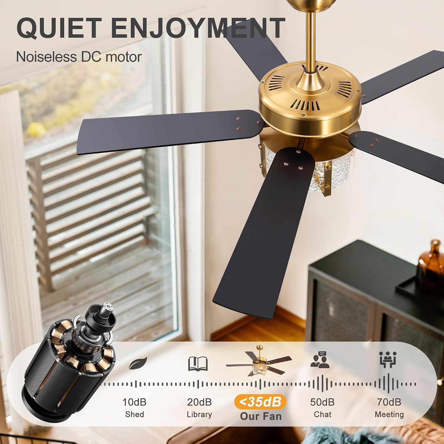 52 Inch Rustic Farmhouse Ceiling Fan with Light & Remote, Ultra Quiet DC Motor, Reversible 5-Blade Design Antique Ceiling Fan Light Dual Downrod for Low/High Ceilings - Modern Black Gold