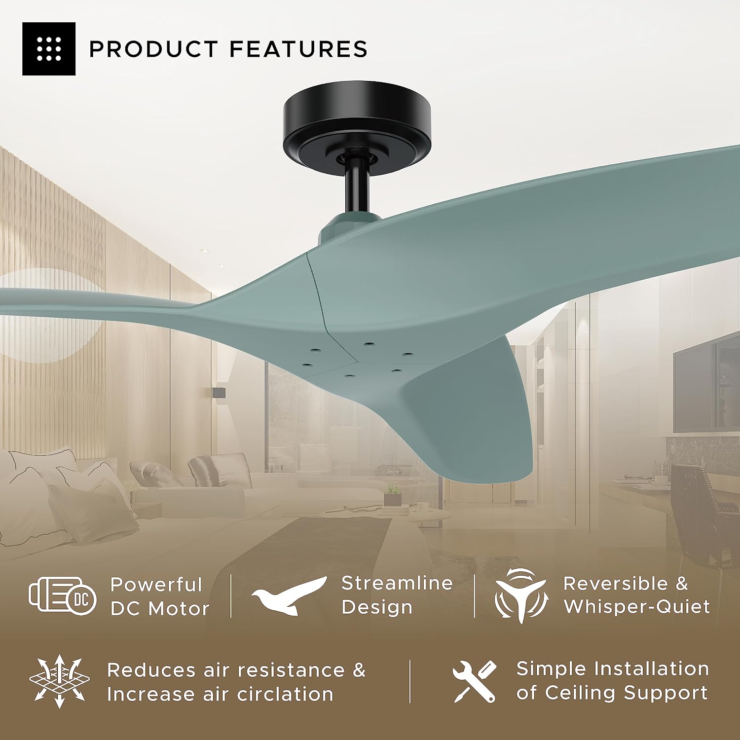 Ceiling Fans without Lights 52 Inch Ceiling Fan No Light for Bedroom Living Room, Flush Mount Outdoor Ceiling Fans for Patios, Remote Control, DC Motor Reversible 3 Blades, Noiseless, Blue-Green