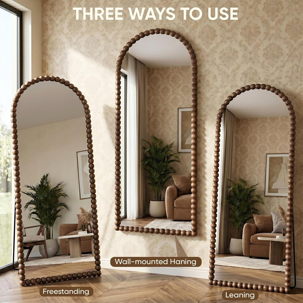 Antok 58' x 21' Arched Full Length Mirror, Antique Beaded Frame Floor Standing or Wall Mounted Mirror with Stand for Bedroom, Entryway, Brown, Luxury Style