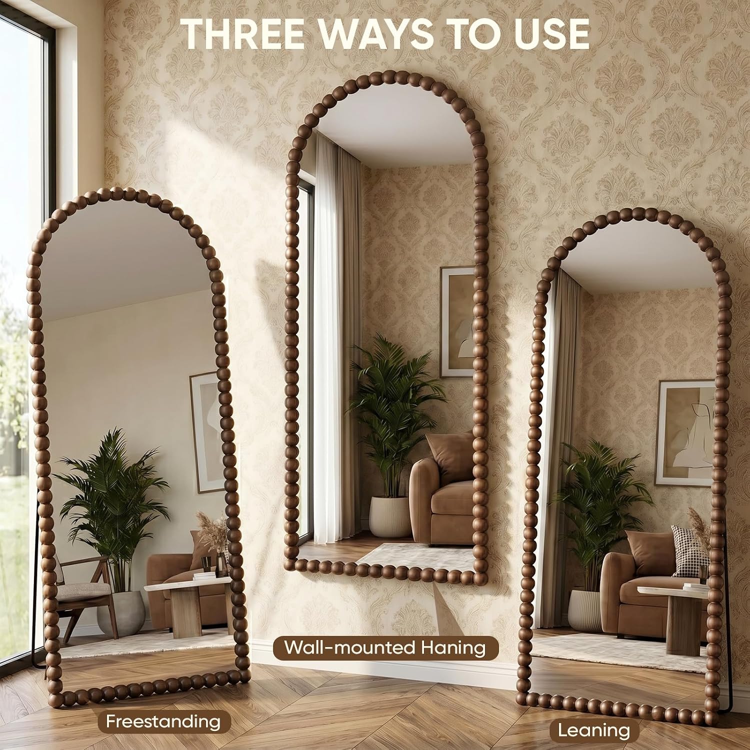 Antok 58' x 21' Arched Full Length Mirror, Antique Beaded Frame Floor Standing or Wall Mounted Mirror with Stand for Bedroom, Entryway, Brown, Luxury Style