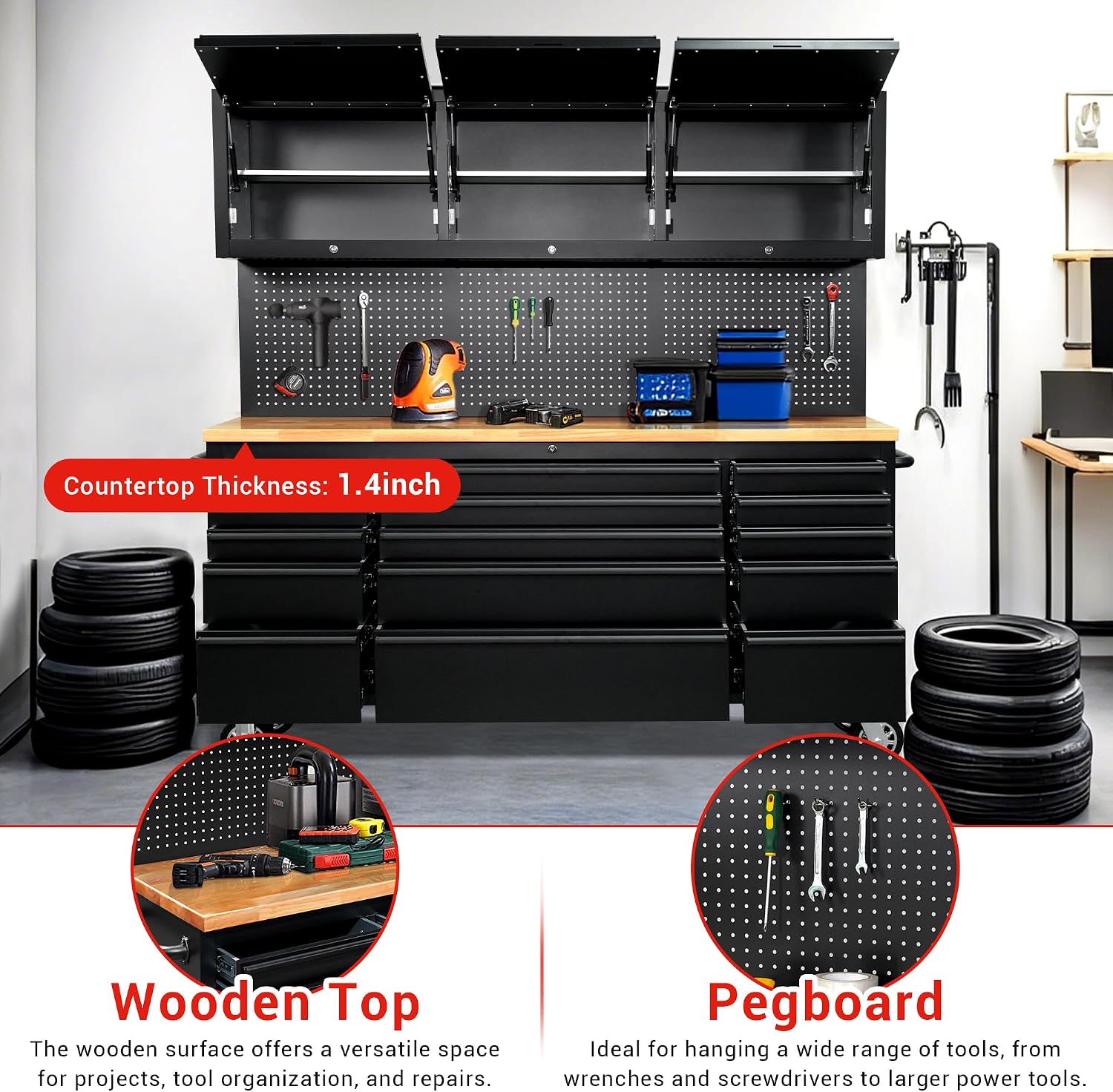 CT Copper Tailor 72-inch Tool Chest Cabinet Rolling Garage Workbench with 15 Storage Drawers and Wheels, 3 Upper Cabinet, Pegboard, Steel Large Tool Box,Matte Black