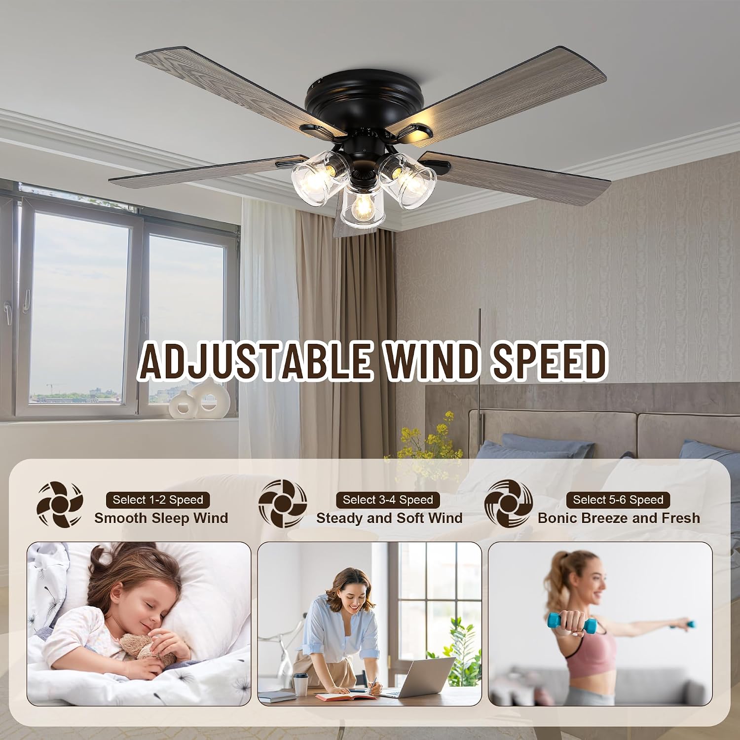 52' Flush Mount Ceiling Fan with Lights and Remote Control,Industrial Farmhouse Ceiling Fan,Reversible Quiet Motor,5 Wood Blades,3 Clear Glass Lights for Bedroom Living Room Kitchen