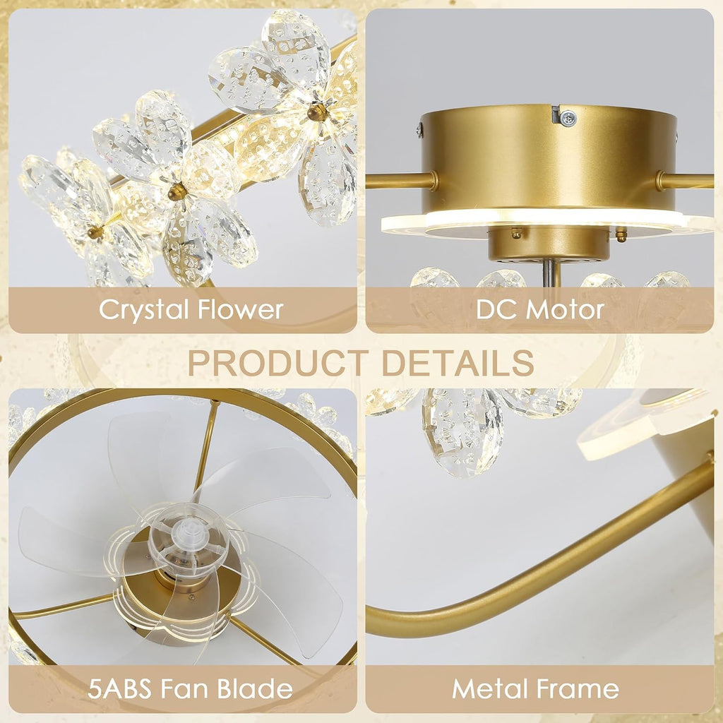 Fandelier Ceiling Fan with Light,Dimmable LED,6 Speeds,22'' Gold Ceiling Fan with Lights and Remote Control,Crystal Flower Ceiling Fan Chandelier for Kids Room/Daughter's Room/Girls Bedroom