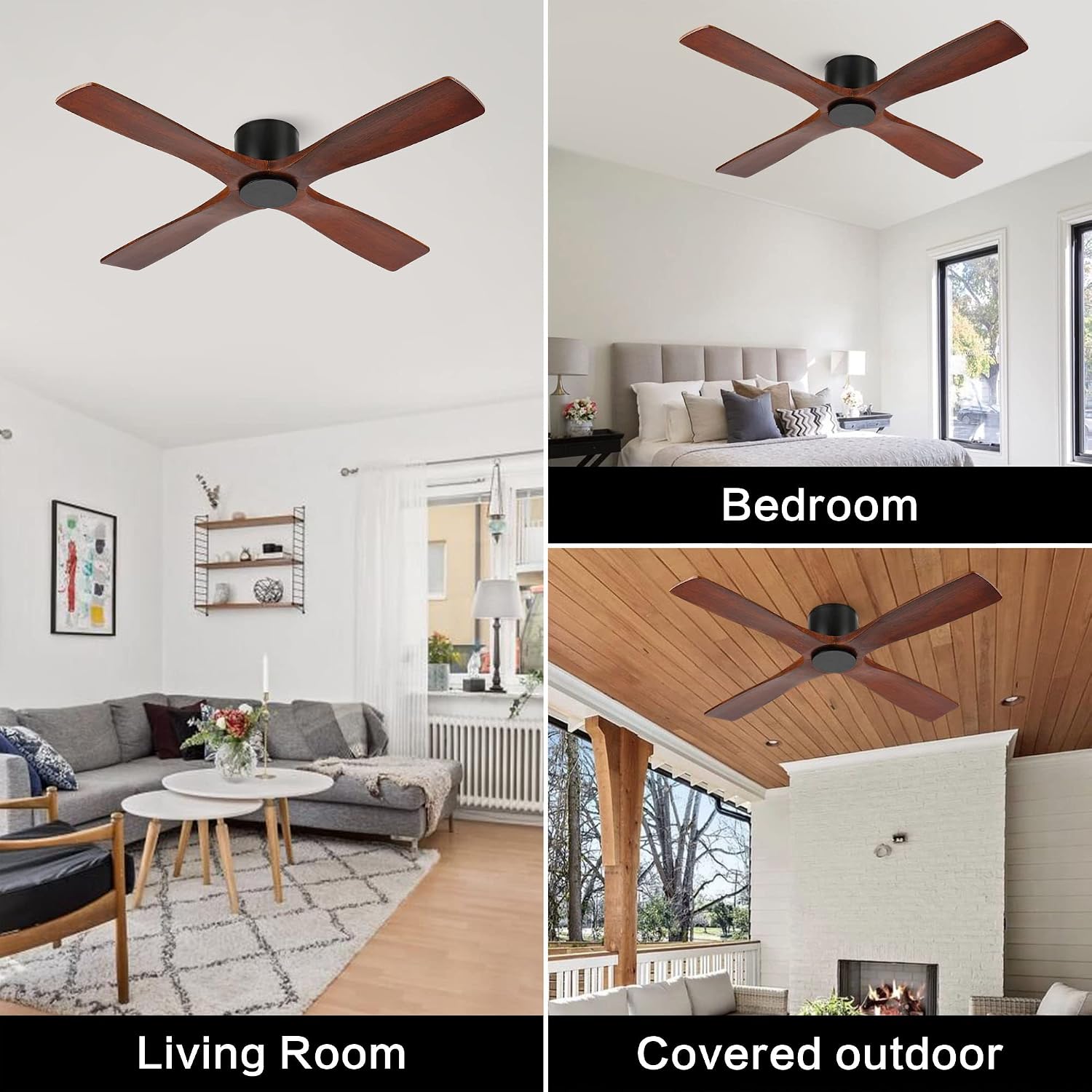 WINGBO 54 Inch Flush Mount DC Ceiling Fan without Lights, 4 Reversible Carved Wood Blades, 6-Speed Noiseless DC Motor, Hugger Ceiling Fan No Lights in Matte Black Finish with Walnut Blades, ETL Listed