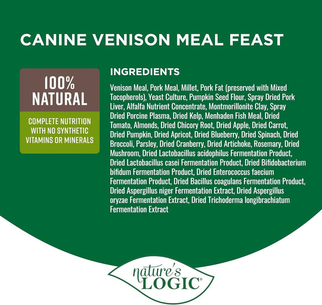 Nature's Logic Dry Dog Food - 100% Natural - No Synthetics - for All Ages, Sizes, Breeds - Free from Common Allergens, High Protein - Venison Meal Feast, 25lbs