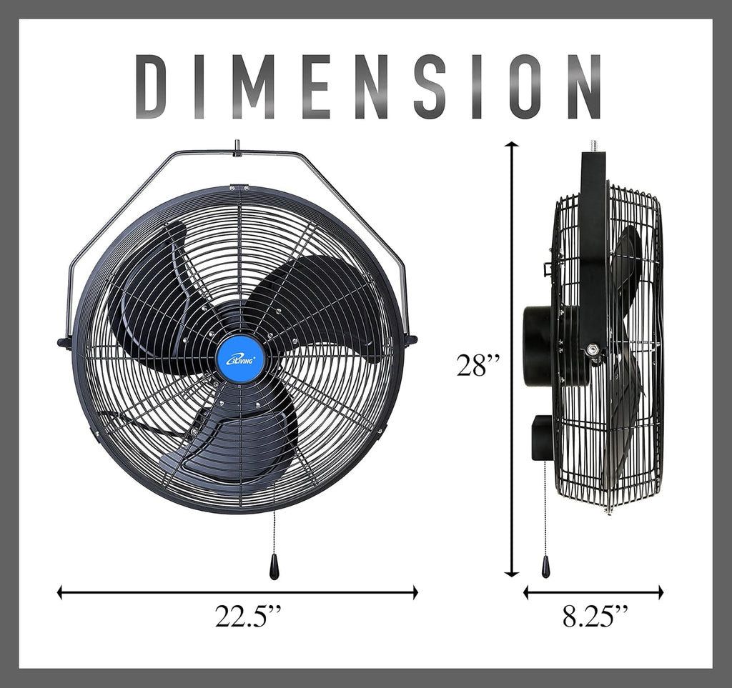 iLiving 18' Wall Mounted Fan - 6360 CFM, 3-Speed, Industrial Grade, Commercial/Residential, Weatherproof Outdoor/Indoor Fan for Garage, Patio, Workshop, Greenhouse | UL Listed, Mist Kit Compatible