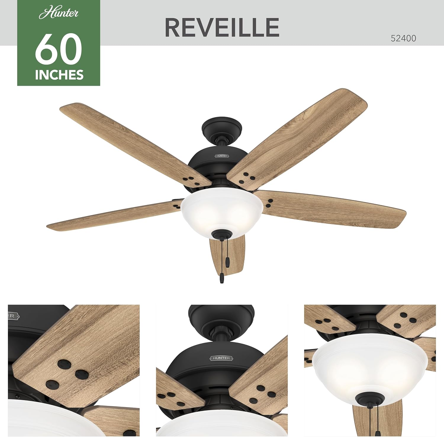 Hunter 60 inch Indoor Ceiling Fan with LED Light - Black Ceiling Fan with Pull Chain, for Bedroom or Living Room, Standard Mount, No Remote, 5 Blades, Includes Bulbs - Reveille 52400, Matte Black