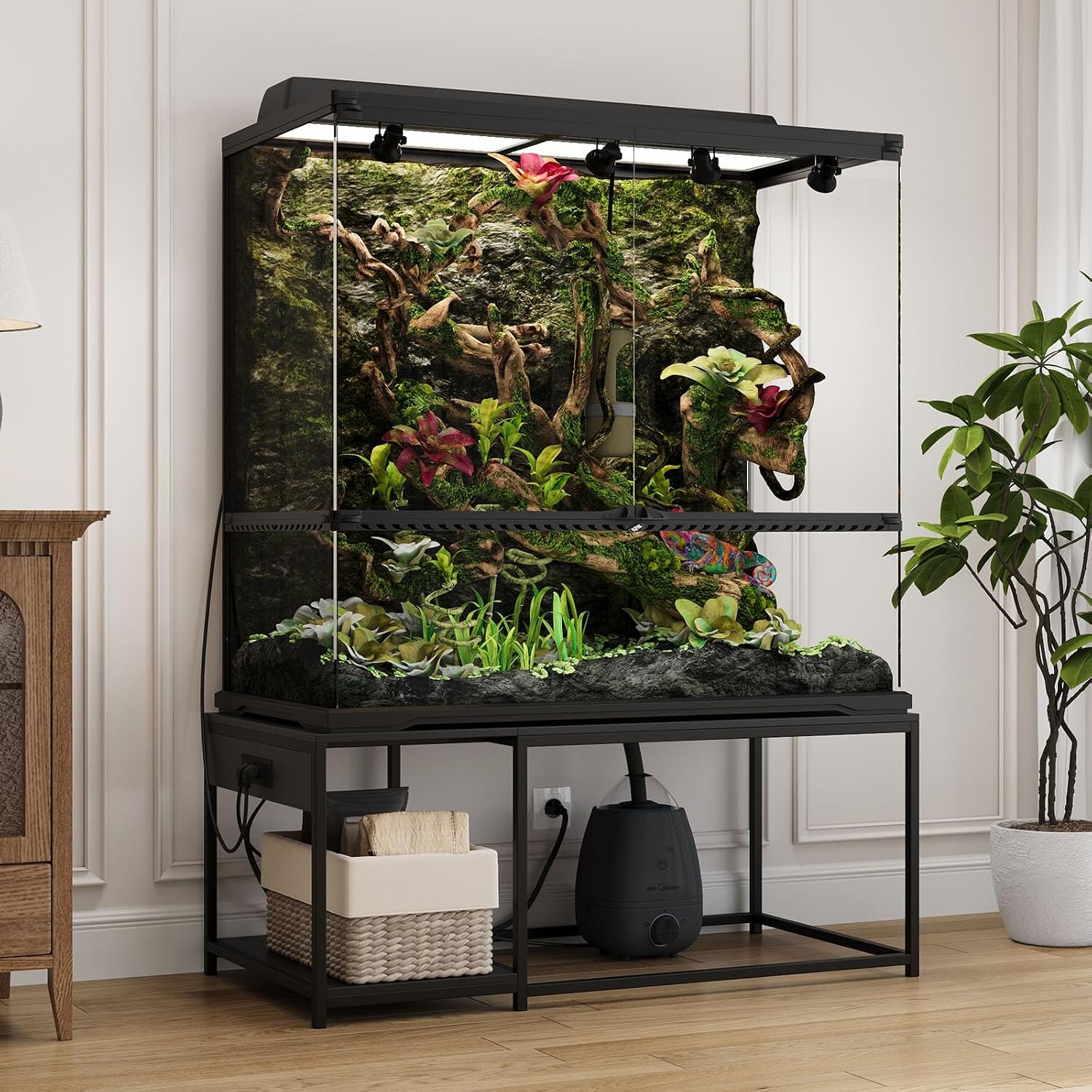 120 Gallon Reptile Tank Stand – 48'x24' Terrarium Stand for Stacked 4x2x2 PVC Tanks, Chameleon Cage, Ball Python Tank, Lizard Tank & Tall Reptile Enclosure with Power Outlets (Only Stand)