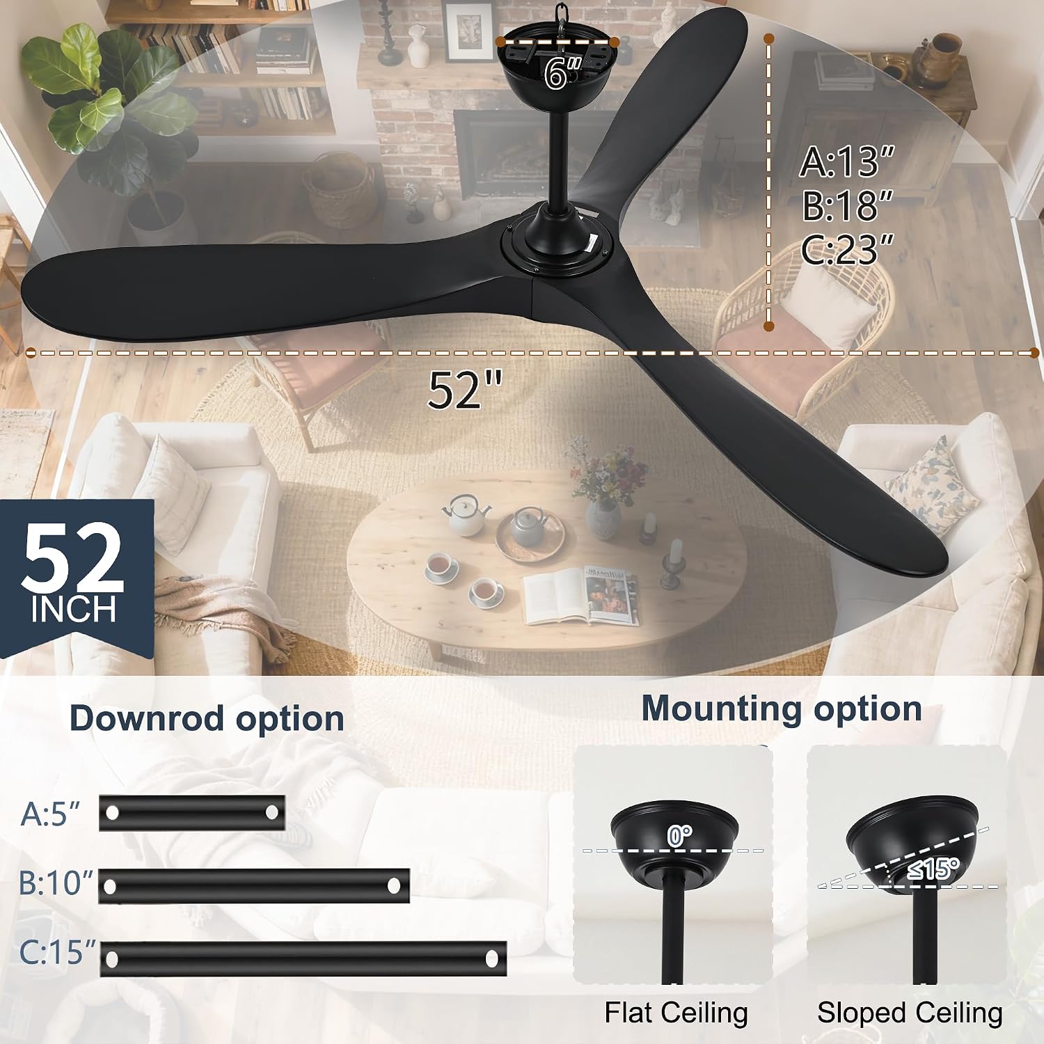 Black Ceiling Fan with Light 52 Inch, Outdoor Ceiling Fans with Lights and Remote for Indoor Bedroom Living Room Patios Gazebo Modern Wooden 3 Blade Propeller Wet Rated Reversible DC Fan
