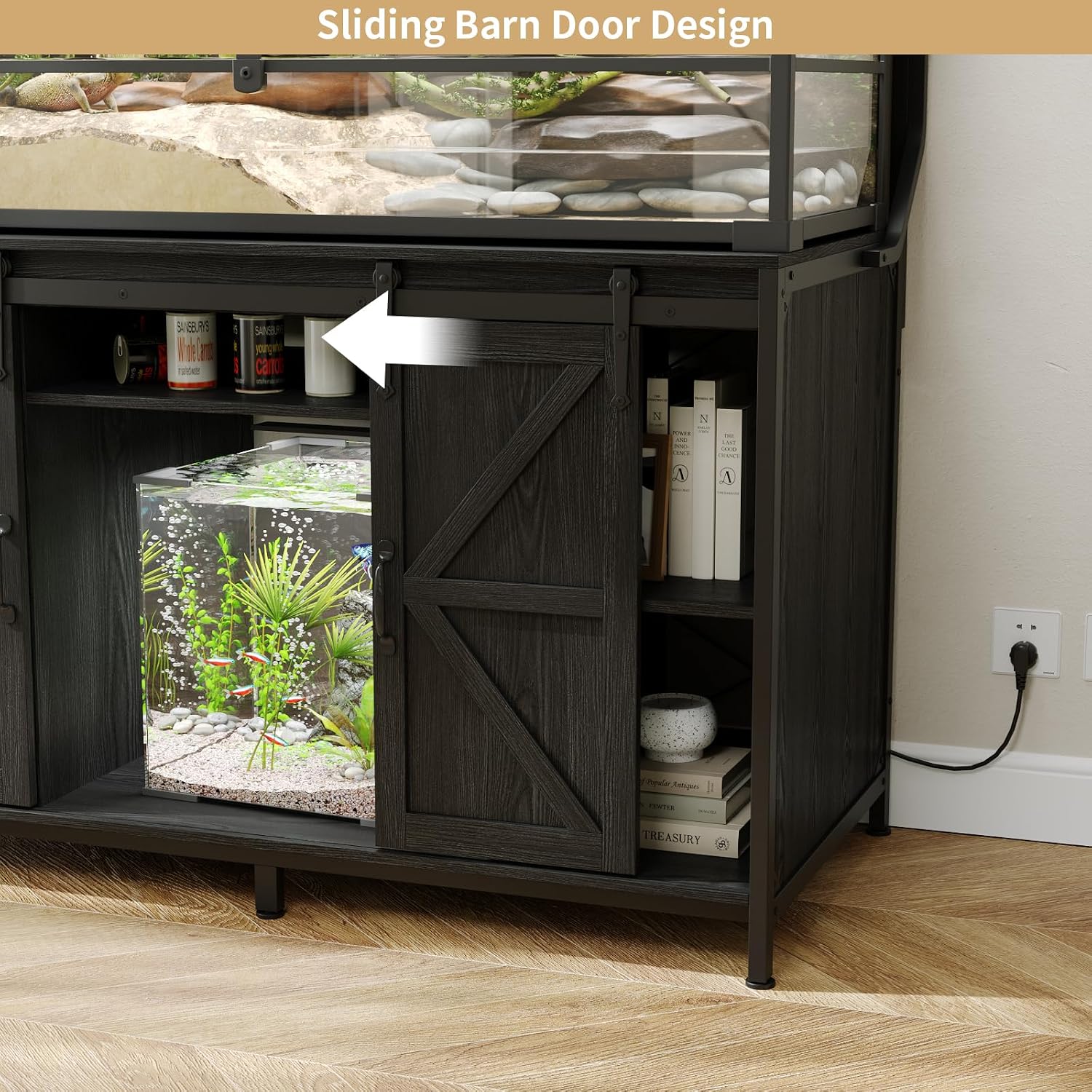 VOWNER Farmhouse Reptile Tank Stand with Power Outlet, 48' X 24' Tabletop Fits up 120 Gallon Bearded Dragon Tank, Heavy Duty Aquarium Stand with Storage Cabinet, Reptile Turtle Terrarium Stand Black