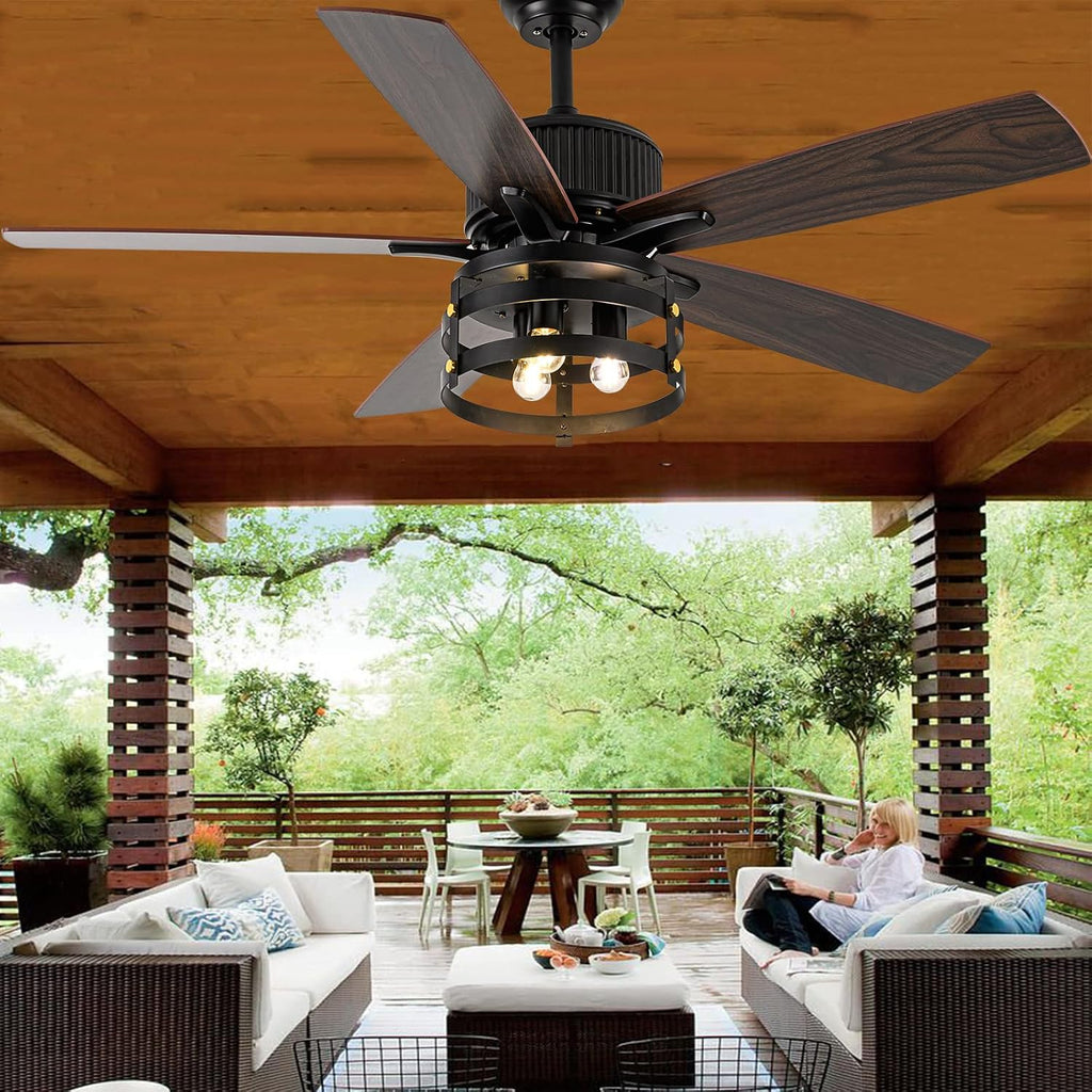 Farmhouse Rustic Ceiling Fan with Lights, 52 Inch Industrial Ceillng Fan Outdoor Ceiling Fan for Patio, Large Airflow Reversible Dual Finish Blades Rustic Fan for Indoor with Timing Function