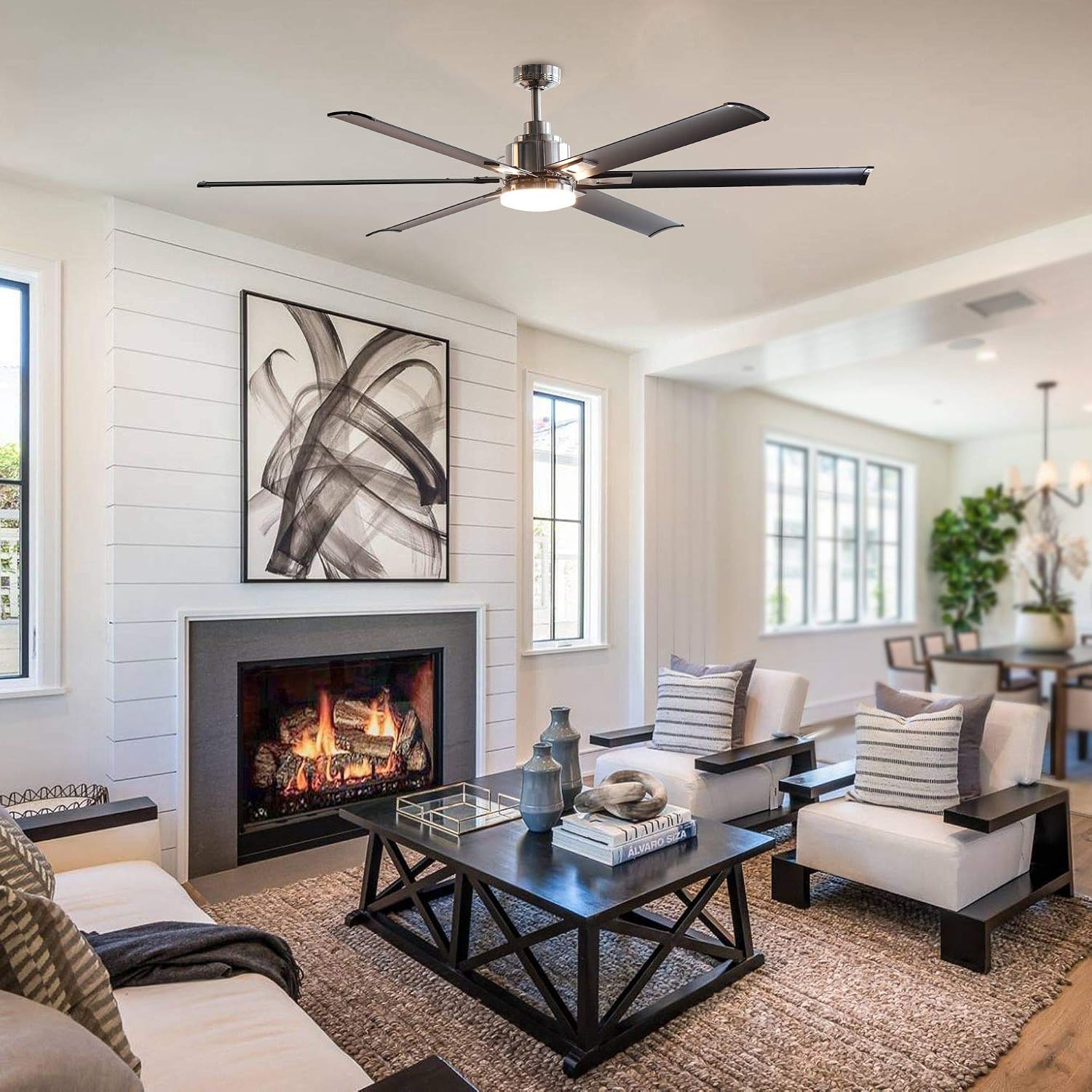 Ceiling Fans with Lights and Remote, 72 Inch Industrial Ceiling Fan for Living Room Bedroom Outdoor Ceiling Fans for Patios, LED Lighting Ceiling Fans, DC Motor Reversible 6 Blades, Brushed Chrome