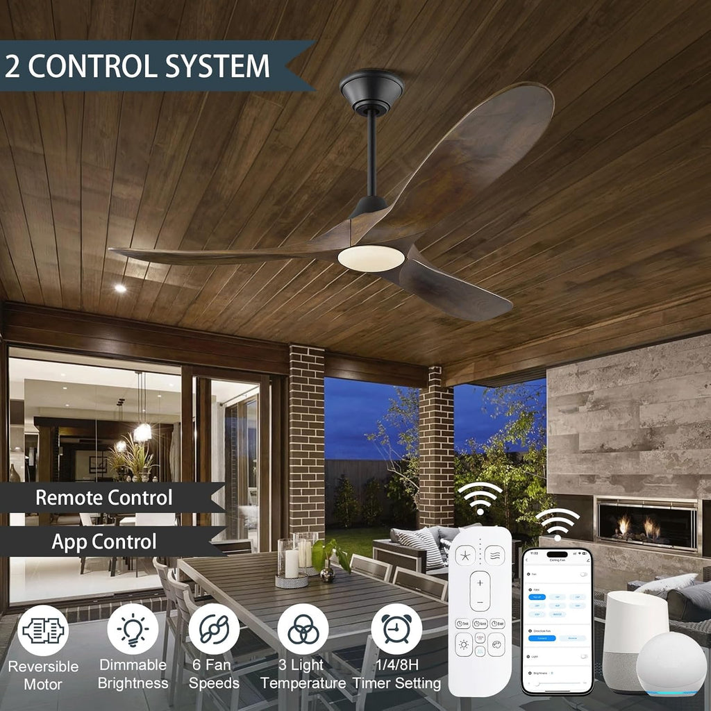 52 Inch Smart Ceiling Fan with Lights, Outdoor Ceiling Fans for Patios Damp Rated, 3 Blades Propeller Walnut Wood Farmhouse Ceiling Fan, Large Airflow DC Ceiling Fan with Remote/ APP/ Alexa Control