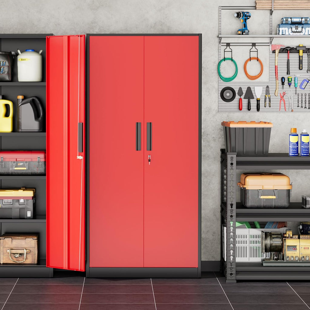 INTERGREAT Storage Cabinet with Doors and Shelves, Metal Garage Storage Cabinets with Lock, Black Lockable Steel Supply Cabinet for Home Office, Warehouse (Black Red)