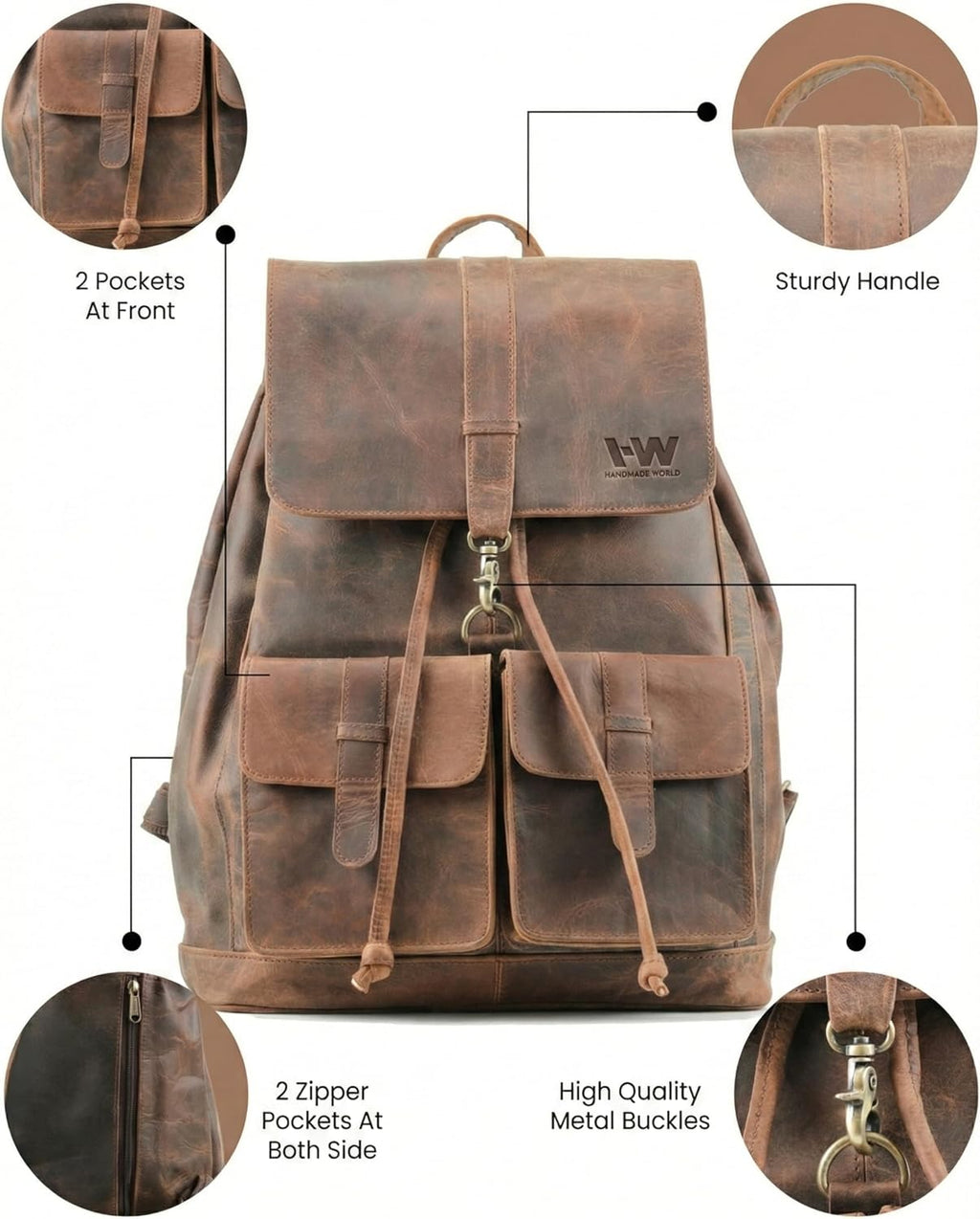 Handmade World Full Grain Buffalo Leather Backpack for Men Fit Upto 17 Inch Laptop Travel Business Rucksack Trailblaze Expedition Vintage Brown Carry On Work Bag Travel Knapsack