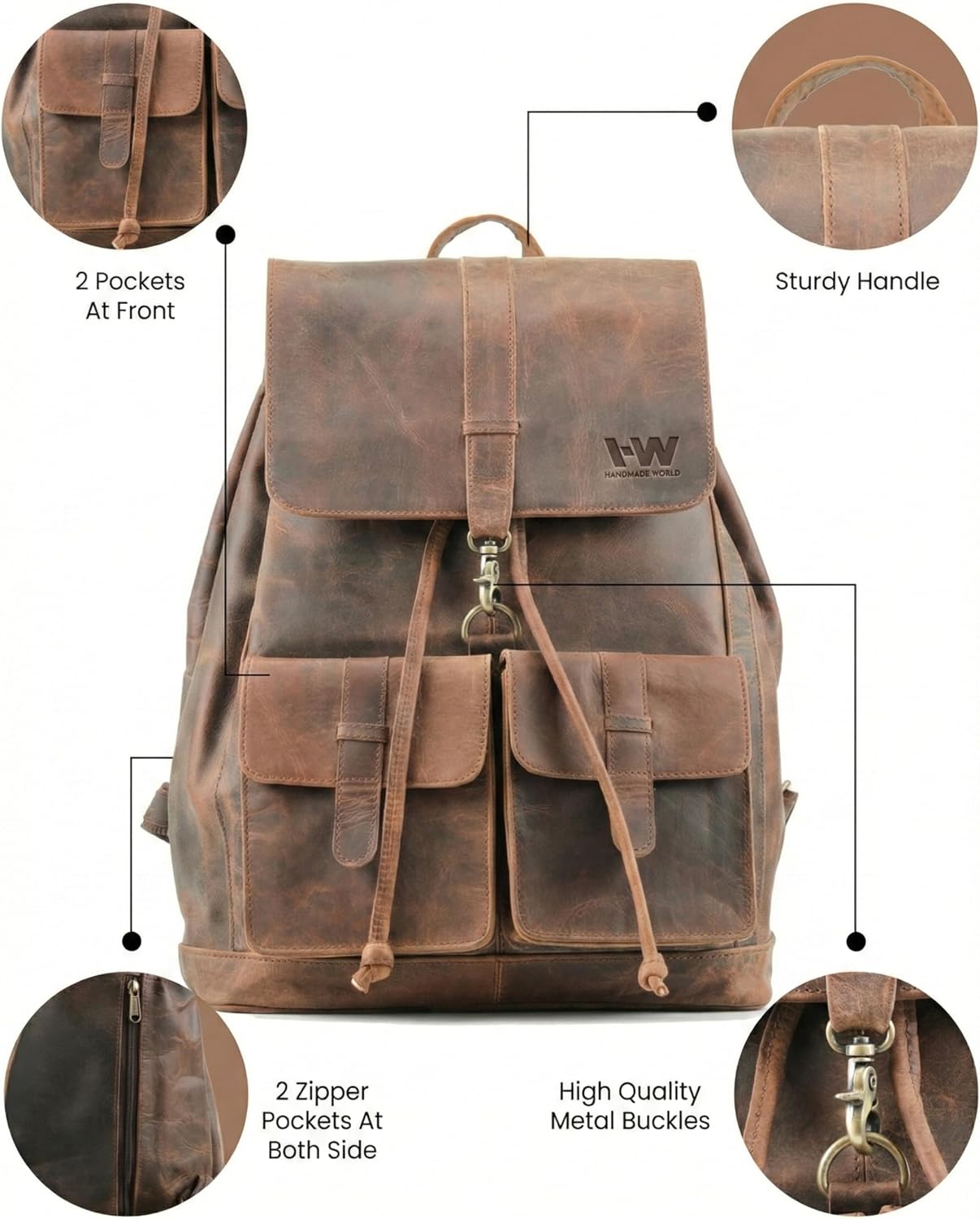 Handmade World Full Grain Buffalo Leather Backpack for Men Fit Upto 17 Inch Laptop Travel Business Rucksack Trailblaze Expedition Vintage Brown Carry On Work Bag Travel Knapsack