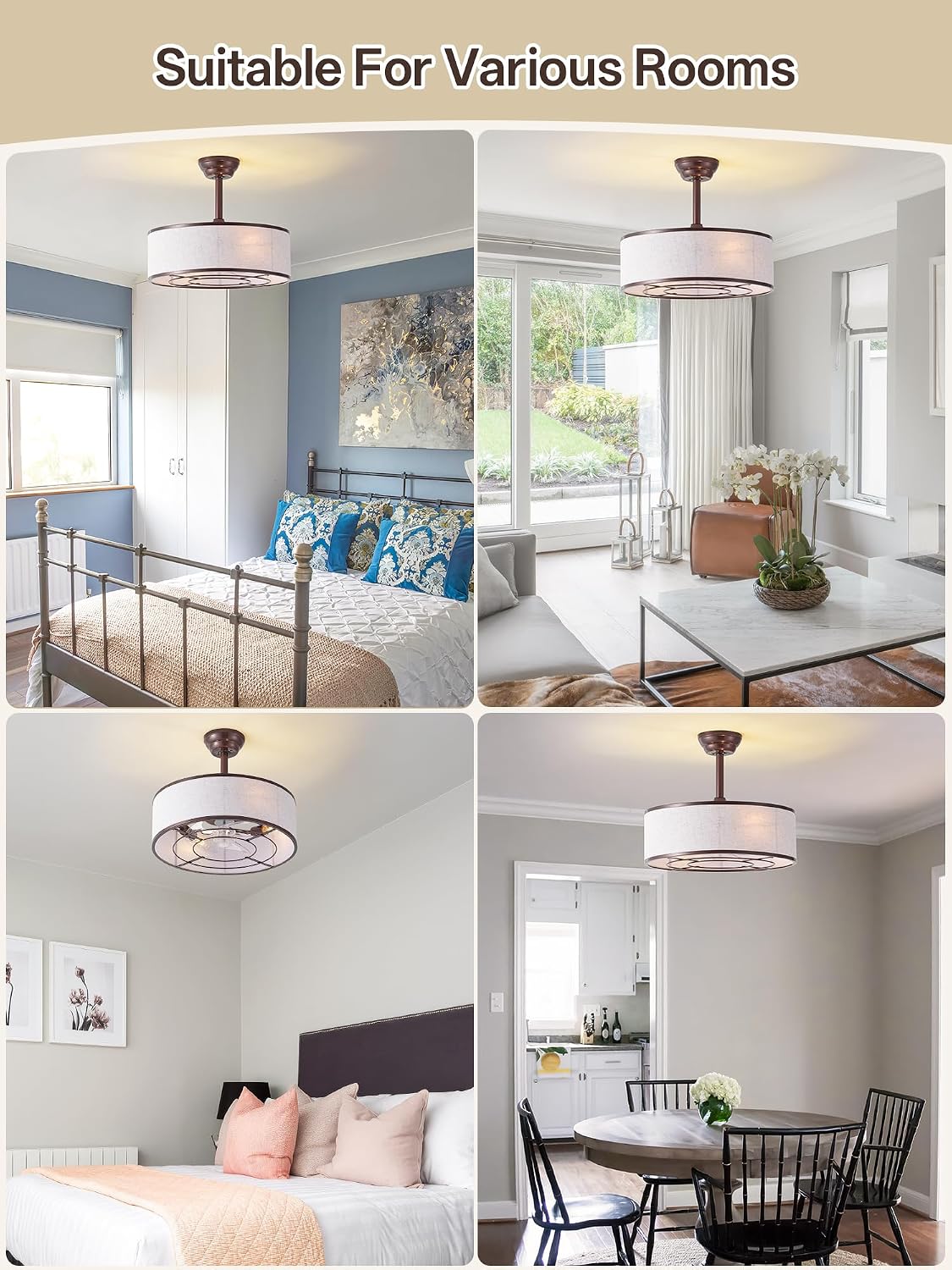 20' Brown Caged Boho Fandelier Ceiling Fan with Light & Remote Control - Bladeless Chandelier Fan, 6 Speed Quiet Reversible Motor for Bedroom, Nursery, Living Room