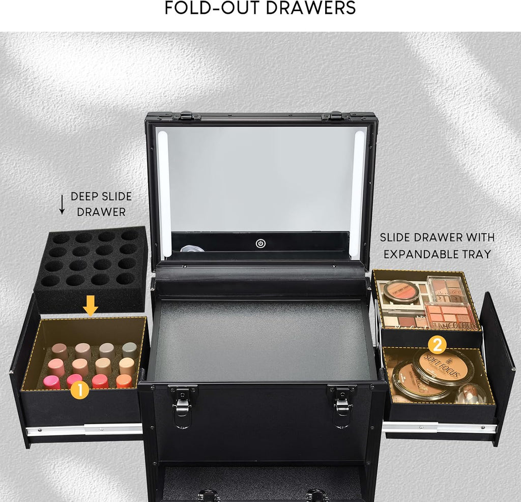 Faquenc Rolling Makeup Case with lighted mirror, Cosmetology Case on Wheels with LED Mirror, Professional Salon Trolley Cart with Drawer,Travel Makeup Lockable Beauty Organizer with Live Stream Light