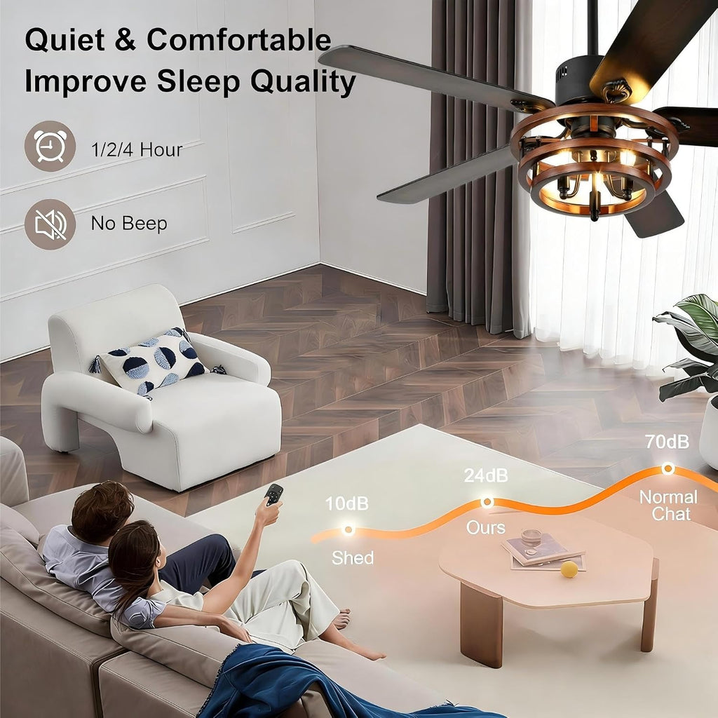 52' Farmhouse Ceiling Fan with Lights and Remote Control, Rustic Fandalier Ceiling Fan DIY Shape Caged Chandelier Light for Living Room Indoor Outdoor, 3 E12 Bulbs (Not Included)