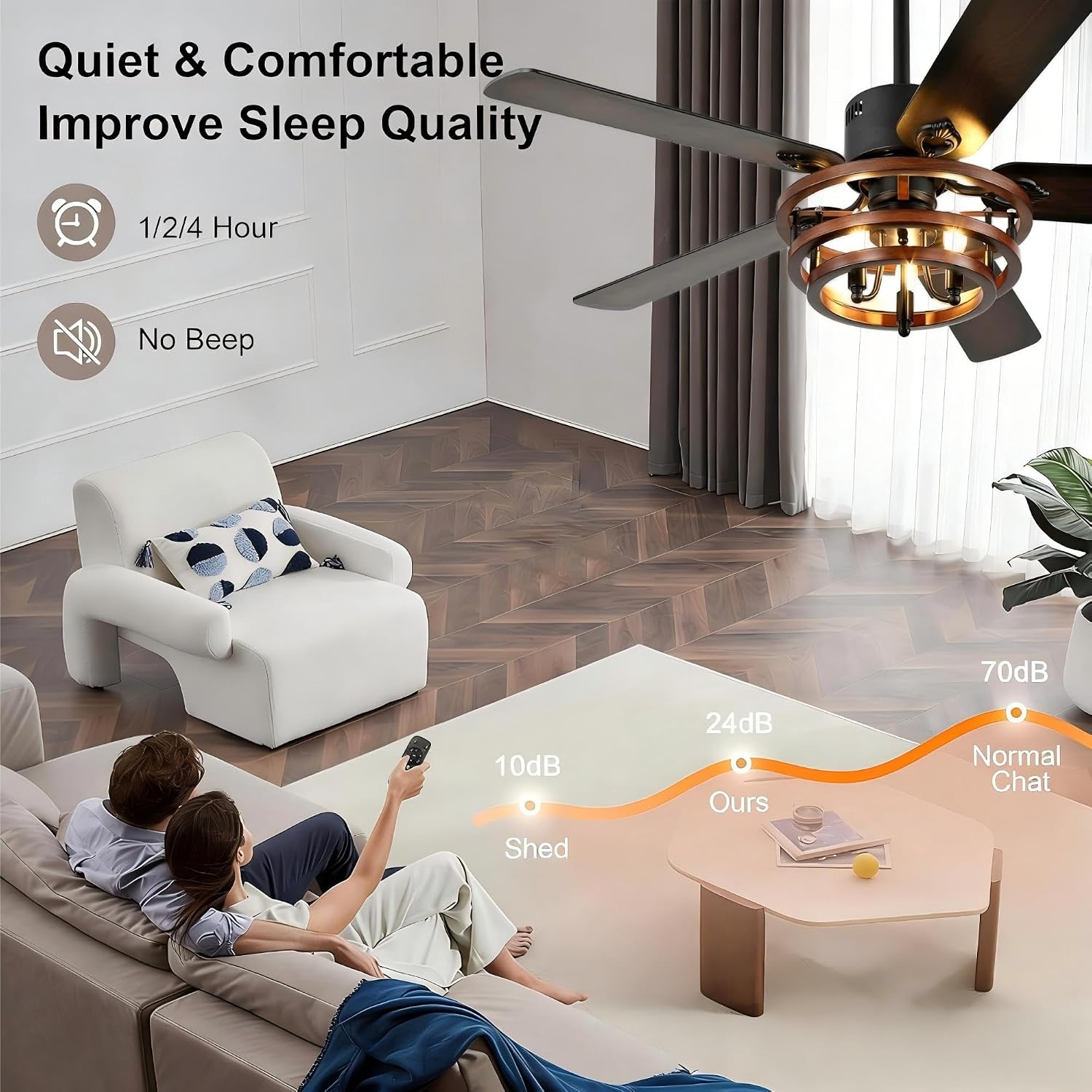 52' Farmhouse Ceiling Fan with Lights and Remote Control, Rustic Fandalier Ceiling Fan DIY Shape Caged Chandelier Light for Living Room Indoor Outdoor, 3 E12 Bulbs (Not Included)