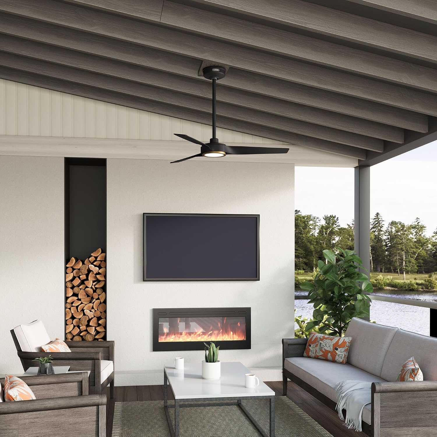 Hunter 44' ZenTech Outdoor Smart Ceiling Fan, LED Light, Remote, Black | ENERGY STAR certified with Apple, Google, Alexa support and covered outdoor use for small rooms, offices, or porches.