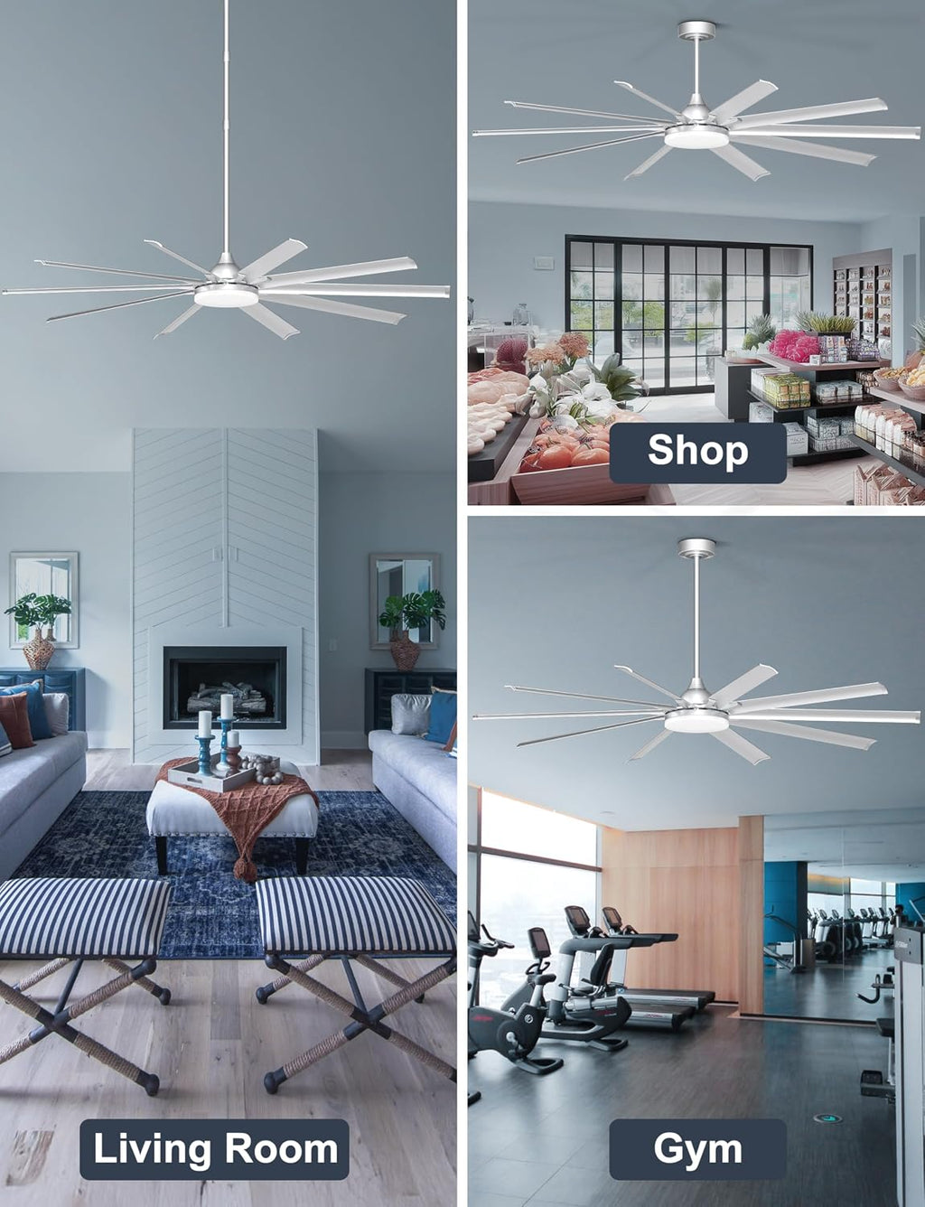 Ohniyou 96'' Industrial Ceiling Fan with Bright Lights - Remote/APP Control, High CFM, Large Ceiling Fan for Shop, Covered Outdoor, Great Room, Silver