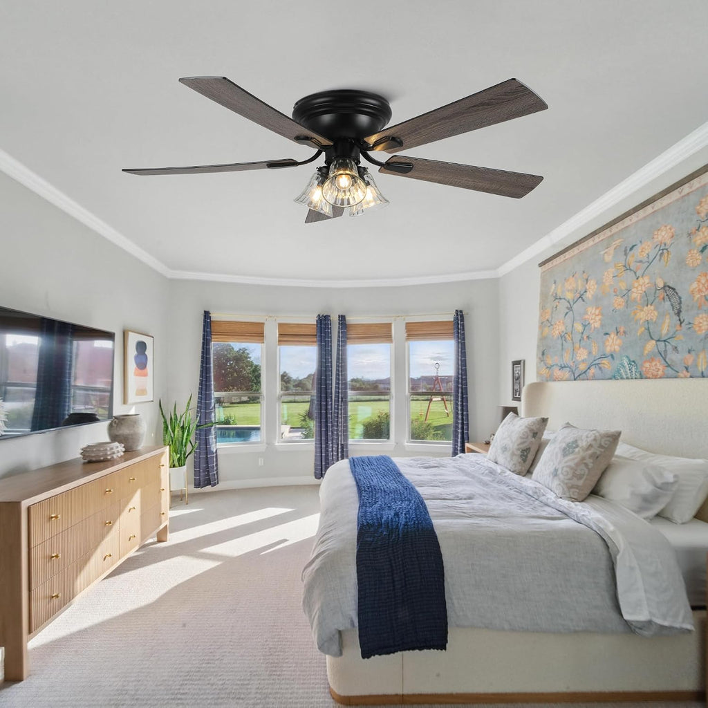 52'' Flush Mount Ceiling Fans with Lights and Remote Control,Reversible DC Motor,5 Reversible Blade,6 Speeds,Rustic Farmhouse Ceiling Fan for Living Room,Dining Room,Bedroom