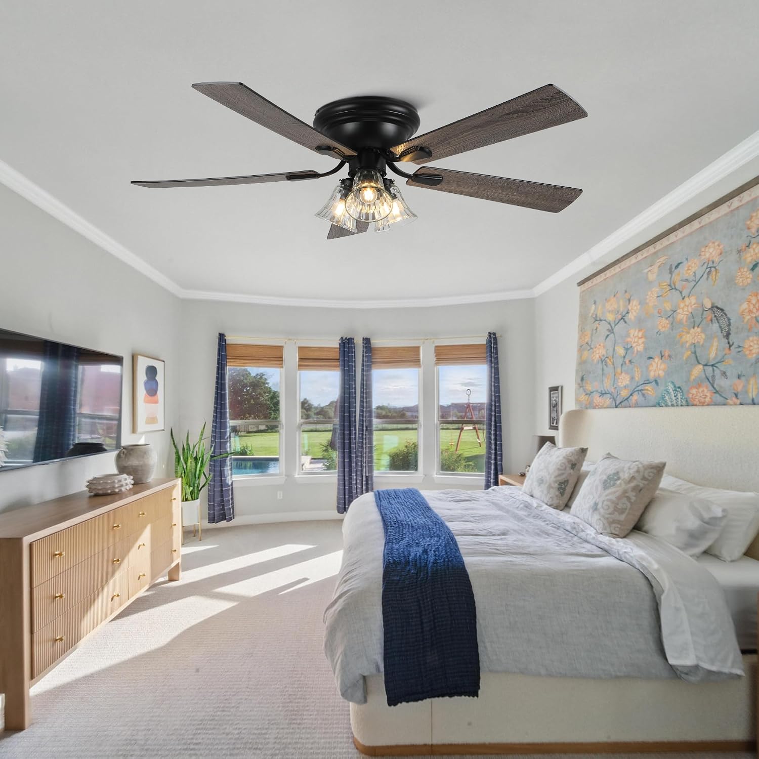 52'' Flush Mount Ceiling Fans with Lights and Remote Control,Reversible DC Motor,5 Reversible Blade,6 Speeds,Rustic Farmhouse Ceiling Fan for Living Room,Dining Room,Bedroom