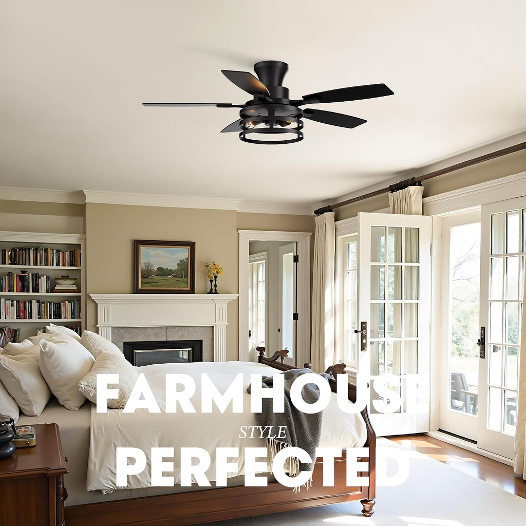 42 Inch Flush Mount Ceiling Fans with Lights and Remote Control, Farmhouse Ceiling Fan with LED Lighting for Bedroom Living Room and Patio, Black Caged Ceiling Fan for Indoor and Outdoor(NO Bulbs)
