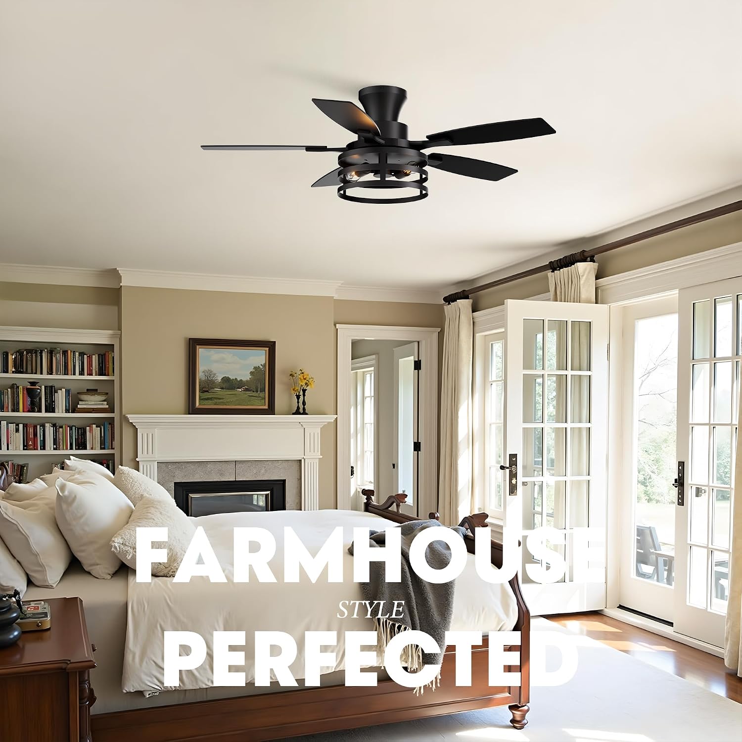 42 Inch Flush Mount Ceiling Fans with Lights and Remote Control, Farmhouse Ceiling Fan with LED Lighting for Bedroom Living Room and Patio, Black Caged Ceiling Fan for Indoor and Outdoor(NO Bulbs)