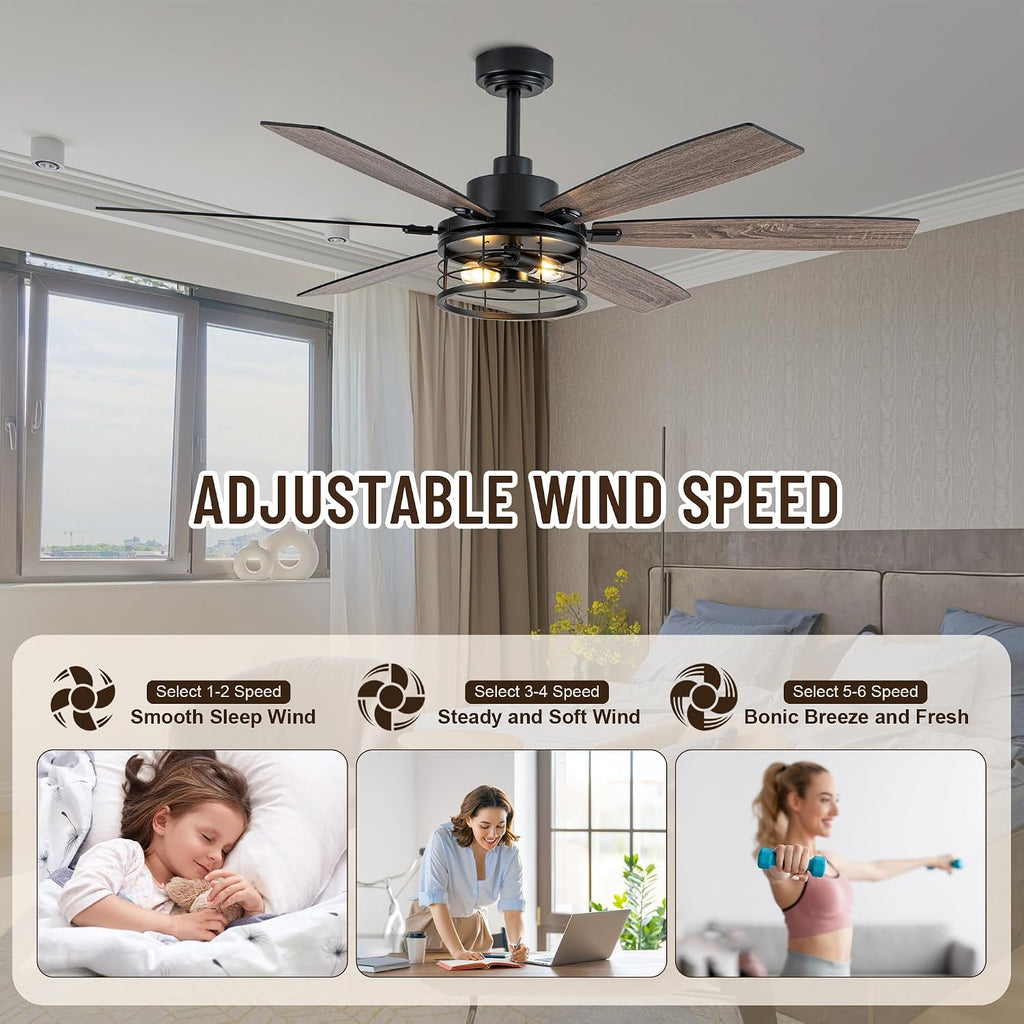 60' Large Ceiling Fans with Lights,Modern Farmhouse Caged Ceiling Fan with Light and Remote,6 Speeds,Reversible Motor,6 Double Finish Wood Blades,Black Rustic Ceiling Fan for Living Room Dining Room