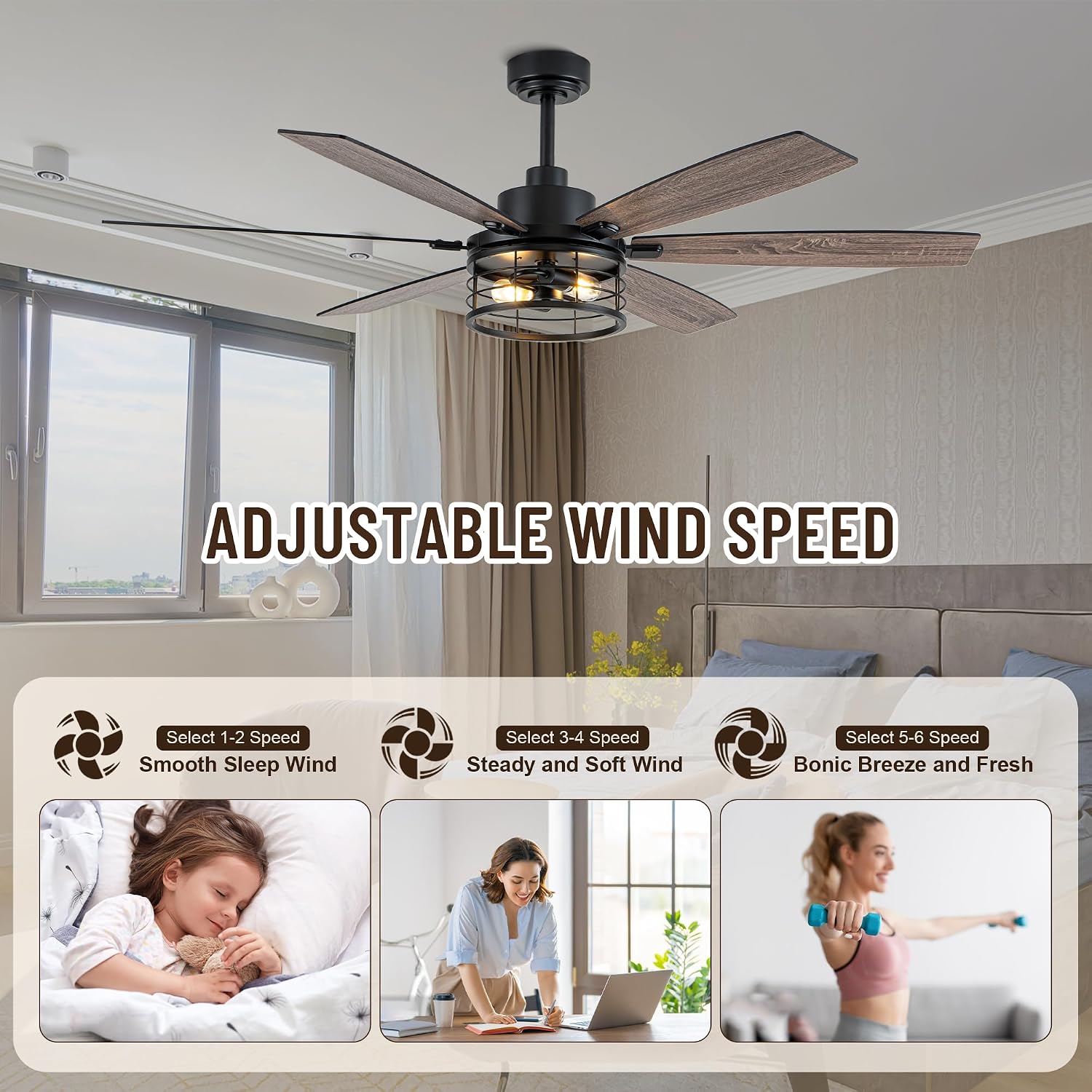 60' Large Ceiling Fans with Lights,Modern Farmhouse Caged Ceiling Fan with Light and Remote,6 Speeds,Reversible Motor,6 Double Finish Wood Blades,Black Rustic Ceiling Fan for Living Room Dining Room
