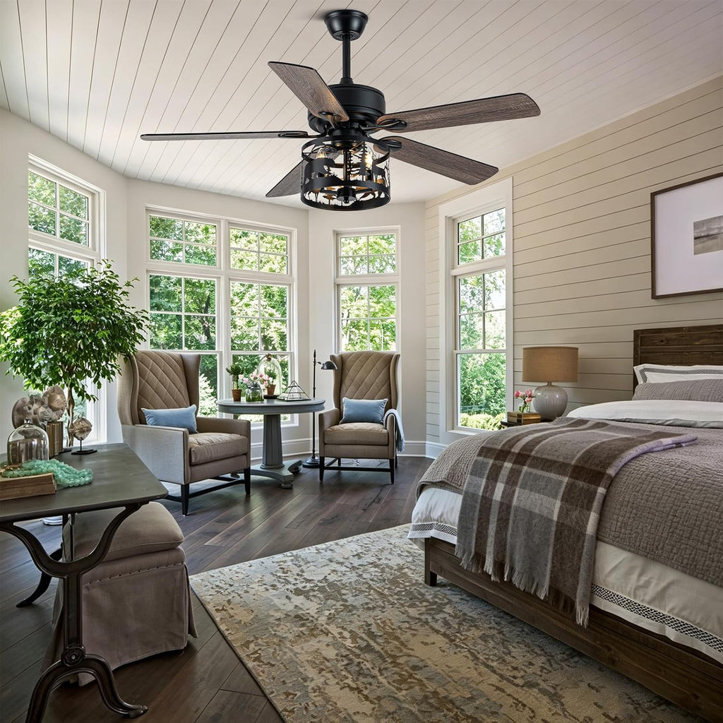 52' Farmhouse Ceiling Fan with Light and Remote, Rustic Fandelier Ceiling Fan with Deer & Bear Cut-out Drum Cage, Quiet Reversible DC Motor for Bedroom, Living Room, Kitchen, Black