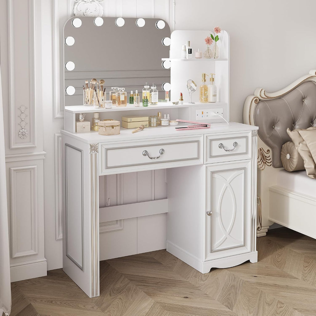 Lareth Vanity Desk with Lighted Mirror, 39.4 inch Vintage Makeup Table with Power Outlet, Bedroom Vanity Dressing Table with Adjustable Lights & 2 Drawers, Gifts for Teen Girls Women, White