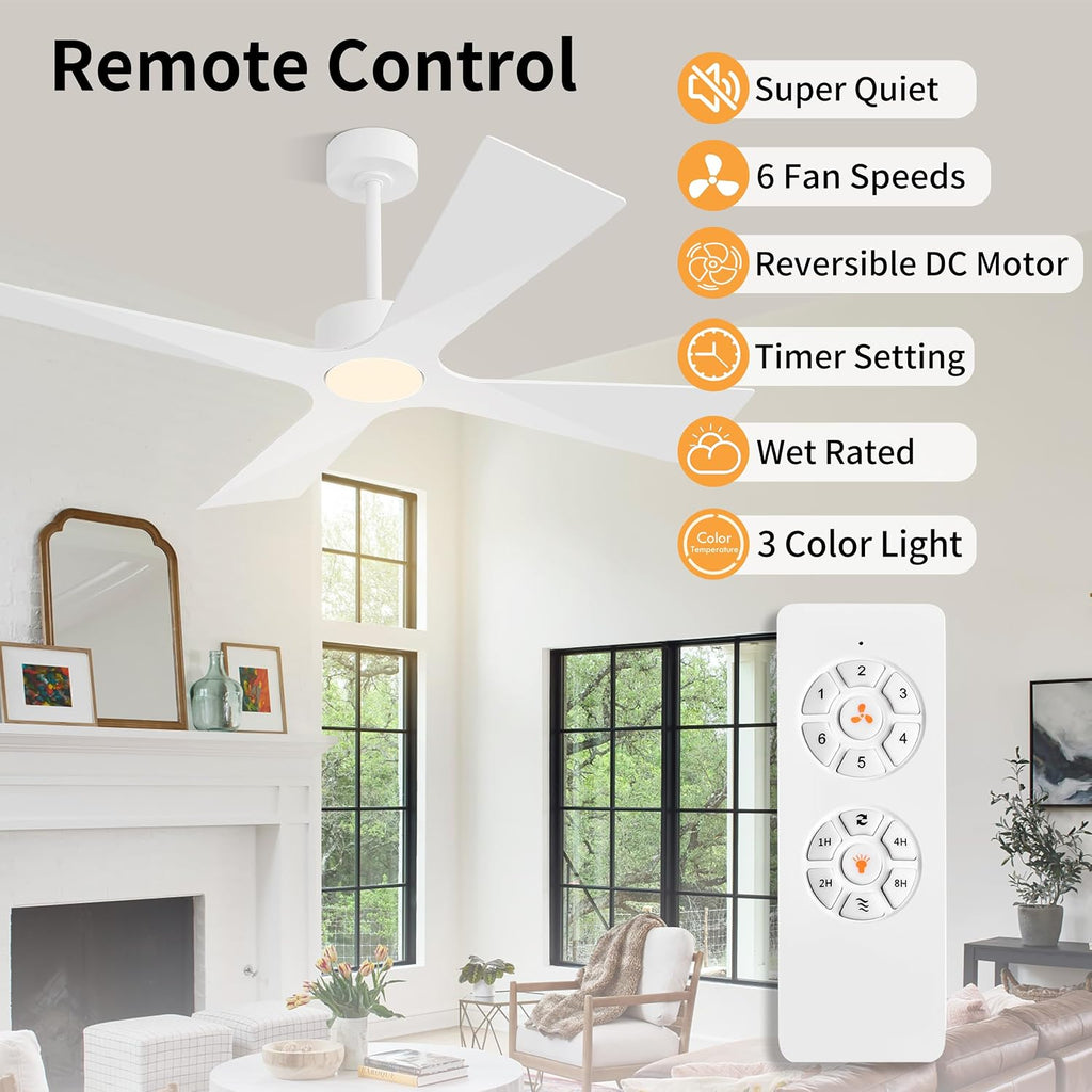WINGBO 54' Wet Rated Outdoor Ceiling Fan with Lights, 4 ABS Plastic Blades, Reversible DC Motor, 6-Speed Remote Control, 3 CCT, Waterproof Ceiling Fan for Patio Porch Gazebo Garage, Gloss White