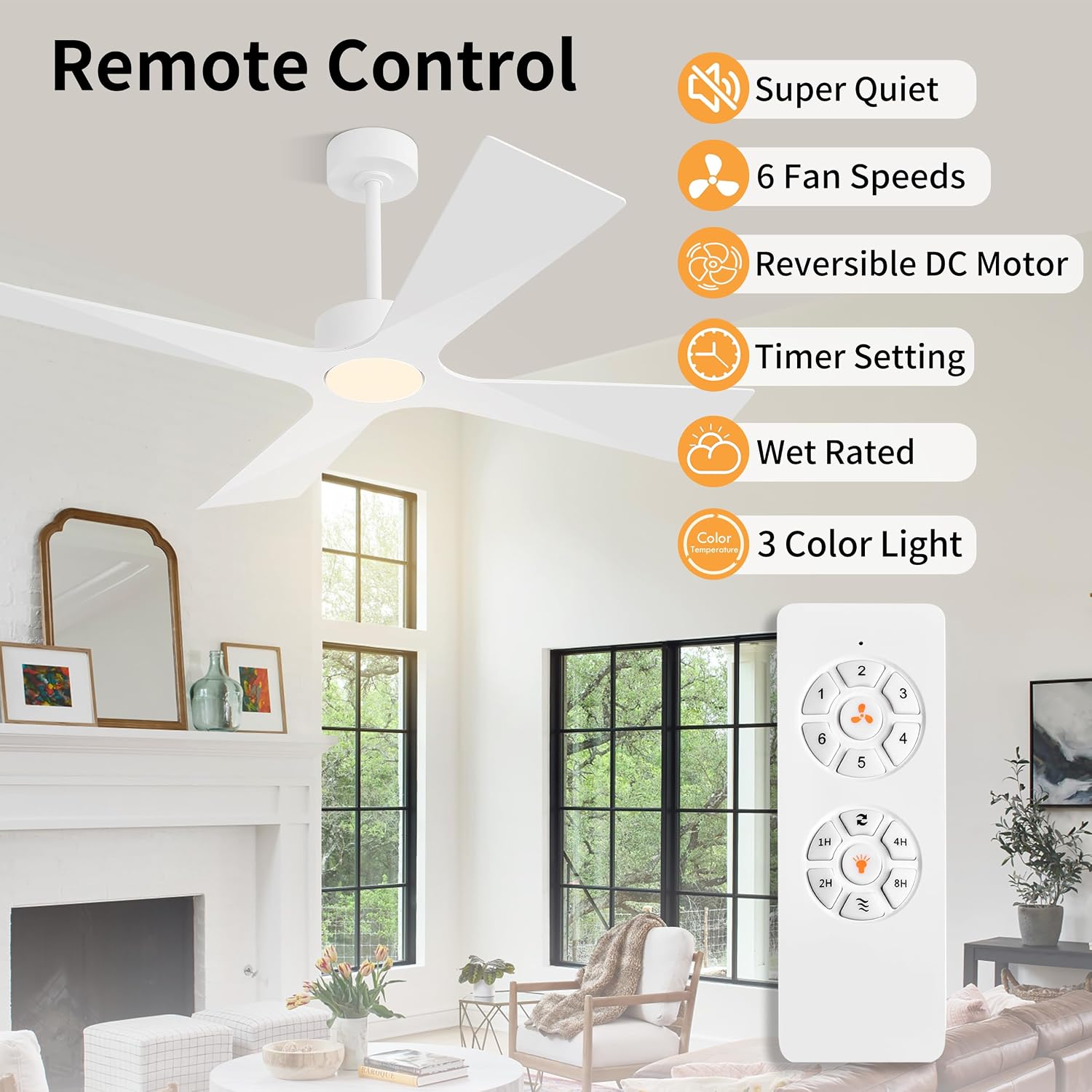 WINGBO 54' Wet Rated Outdoor Ceiling Fan with Lights, 4 ABS Plastic Blades, Reversible DC Motor, 6-Speed Remote Control, 3 CCT, Waterproof Ceiling Fan for Patio Porch Gazebo Garage, Gloss White