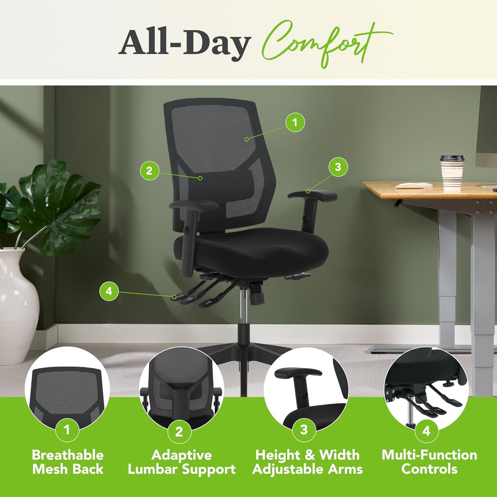 HON Crio Ergonomic Mesh Office Chair, High‑Back Desk Chair with Adjustable Arms, Lumbar Support, Asynchro‑Tilt Swivel Seating for Computer Desks and Home Office, Black Frame, Black
