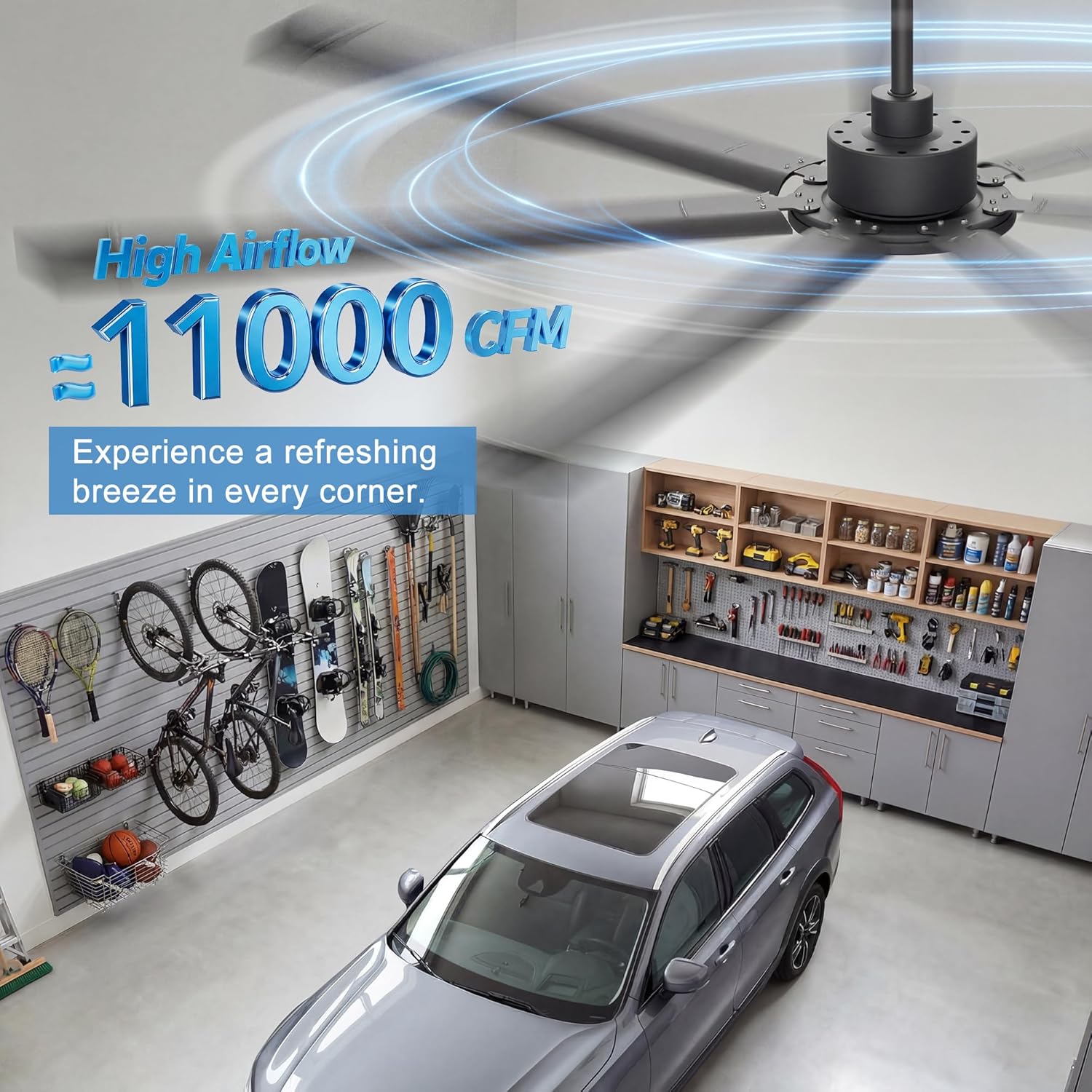 Ohniyou 84'' Ceiling Fan No Light, Black Industrial Ceiling Fan with Remote/APP, Aluminum Blades, 11000 CFM DC Motor for Shop, Warehouse, Garage, Patios