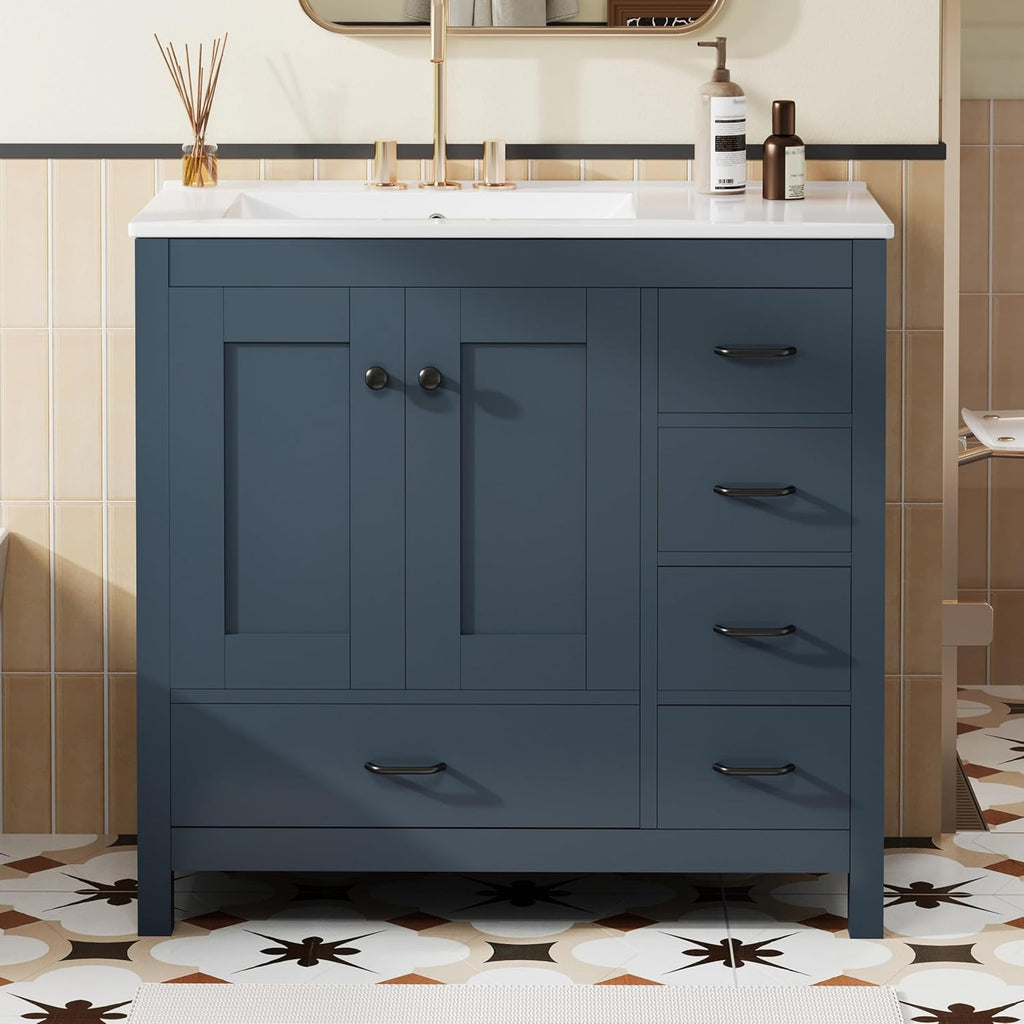 LUMISOL 36 Inch Bathroom Vanity with Sink, Freestanding Bathroom Cabinet with Ceramic Sink, Modern Single Vanity with Soft Close Doors & Drawers for Guest Bath, Master Suite, Rental, Blue