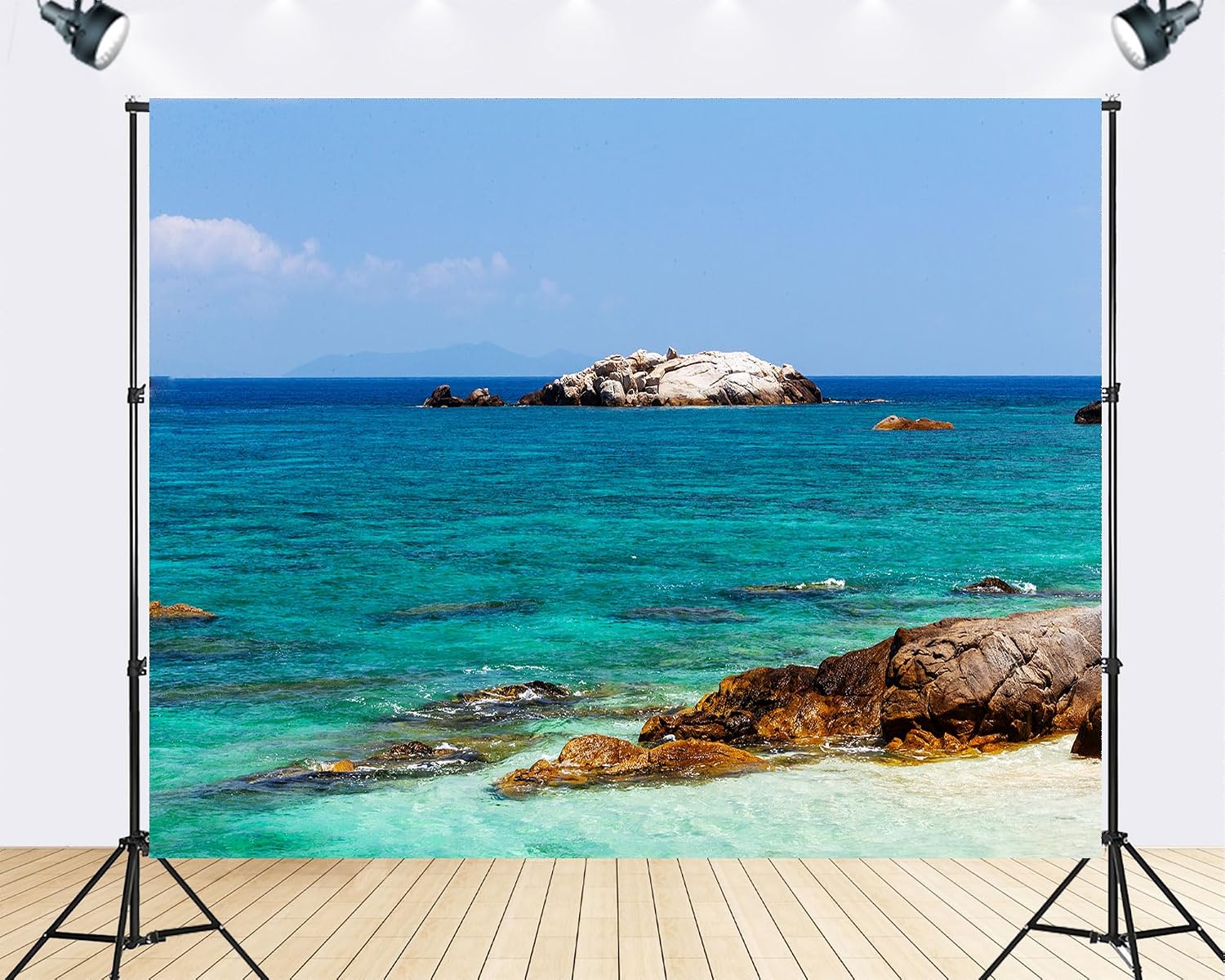 Trykid 20x10ft Turquoise Coastal Rocks Backdrop White Islet Clear Water Distant Peaks Photography Background Tropical Island Adventure Tapestry Party Decoration Photo Studio Prop Fabric