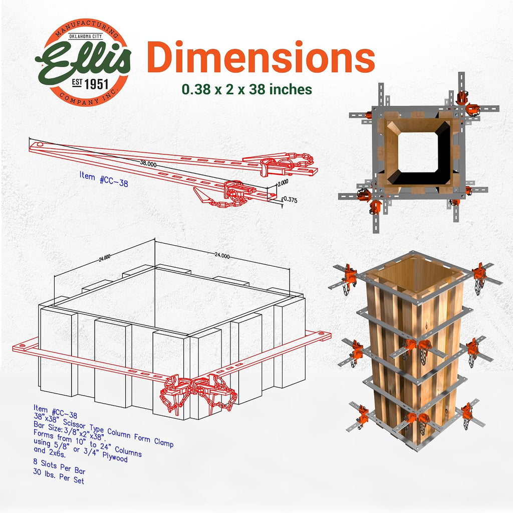 Ellis Manufacturing Company Scissor Column Forming Clamps - Clamp Set for Carpentry & Construction - Net Concrete 10' - 24' - Bar Size 3/8' x 2' x 38'