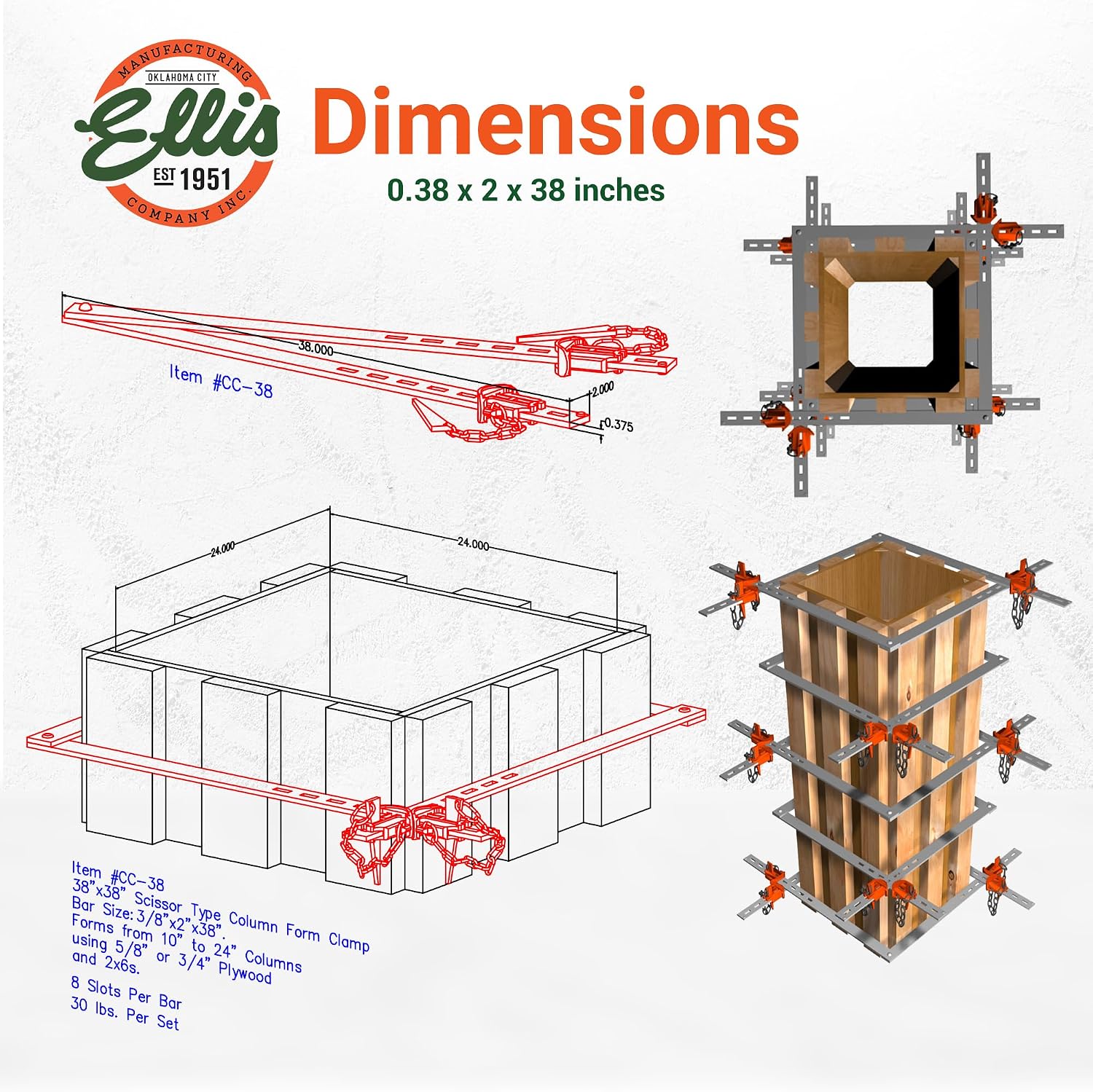Ellis Manufacturing Company Scissor Column Forming Clamps - Clamp Set for Carpentry & Construction - Net Concrete 10' - 24' - Bar Size 3/8' x 2' x 38'