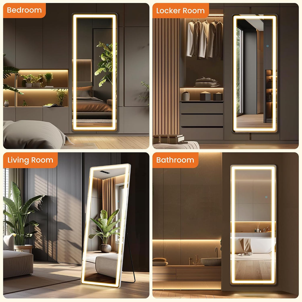 Elevon Full Length Mirror with LED Lights, 71'x26' Floor Mirror with Dimming & 3 Color Lighting, Led Mirrors Full Length with Stand for Bedroom, Dressing Room, Rectangle