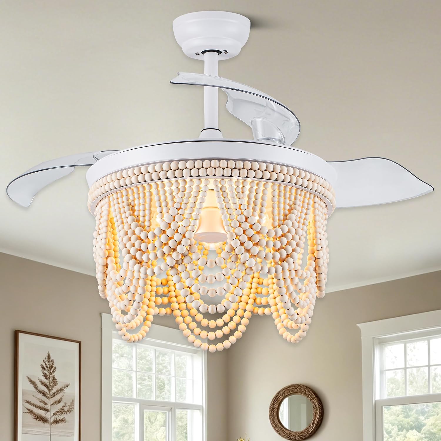 42 Inch Boho Ceiling Fan with Lights Retractable Chandelier Ceiling Fan Wood Beaded Coastal Chandelier for Bedroom Living Room White Fandelier 3 E26 Bulb, 6 Speeds Reversible Quiet DC Motor