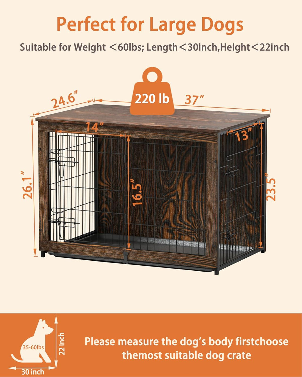 Megidok Wooden Dog Crate Furniture with Cushion, Dog Crate End Table with Tray, Double Doors Dog Crate Furniture Style, Decorative Dog Kennels Indoor (37' L*25' W*26' H, Rustic Style)